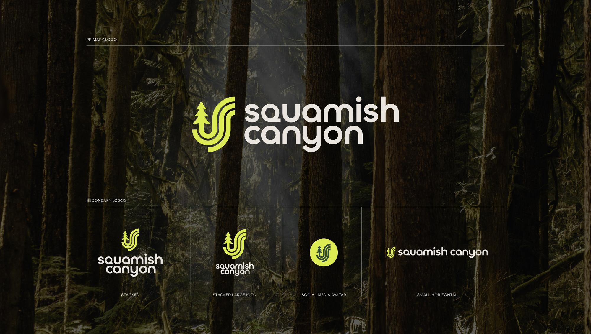 Squamish Canyon logo lockups over a dark rainforest