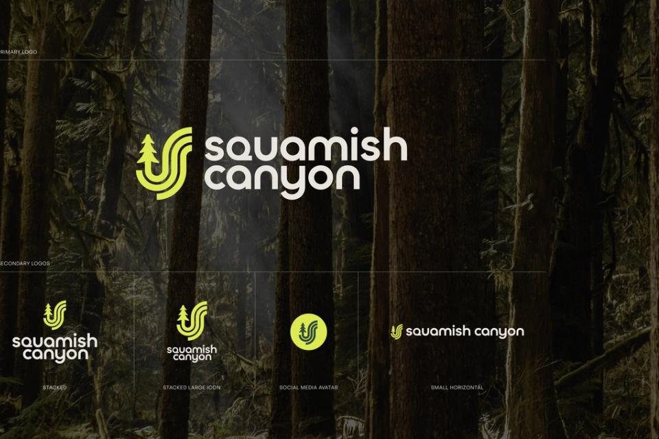 Squamish Canyon logo lockups over a dark rainforest