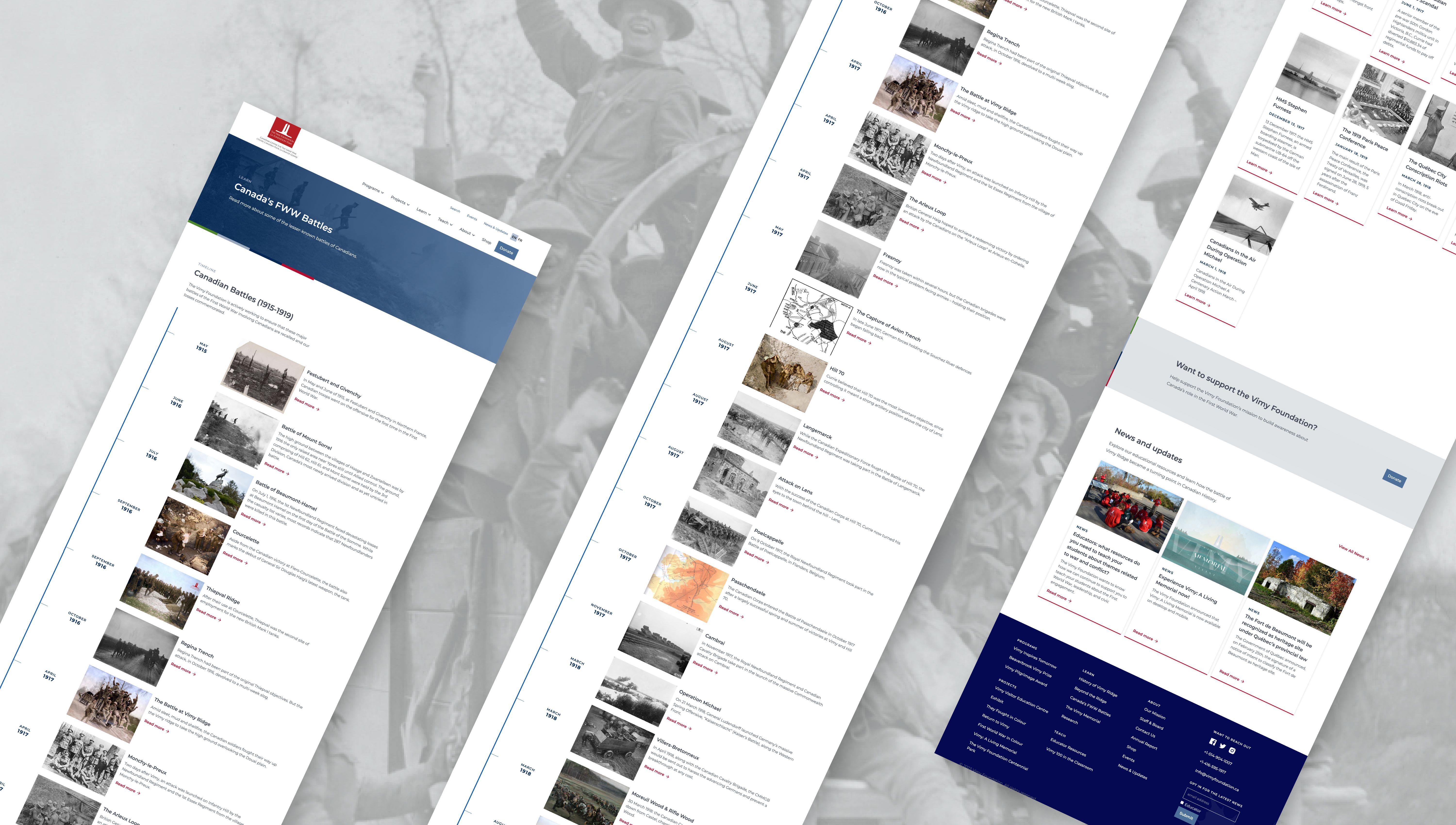 Vimy Foundation website pages laid out at an angle over a historical photo