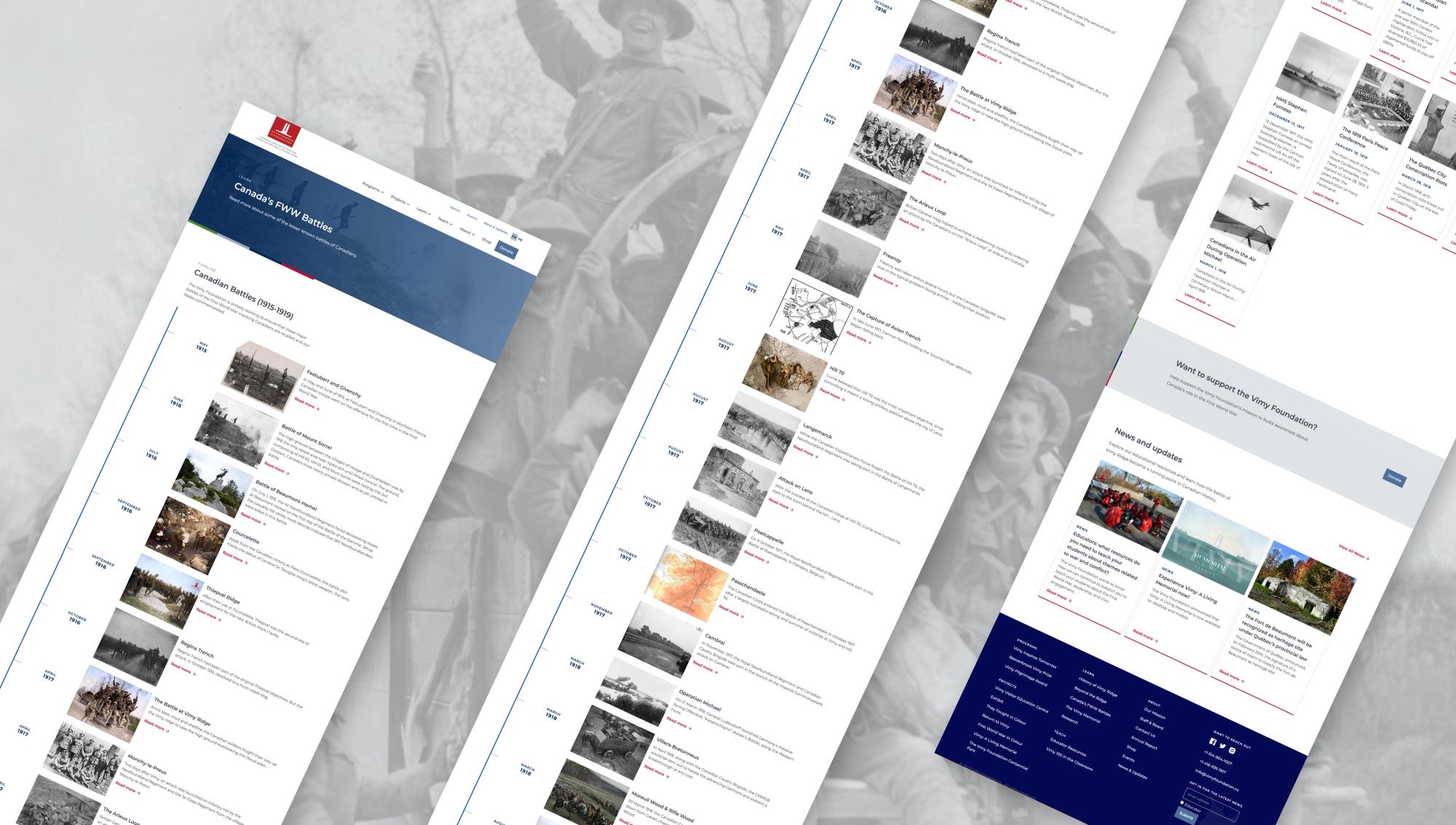 Vimy Foundation website pages laid out at an angle over a historical photo