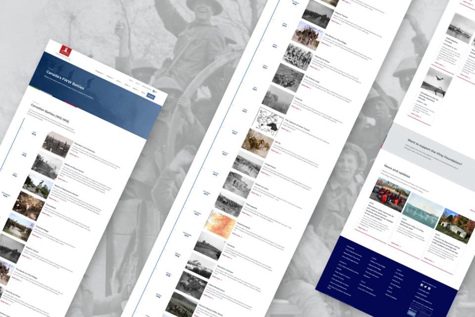 Vimy Foundation website pages laid out at an angle over a historical photo