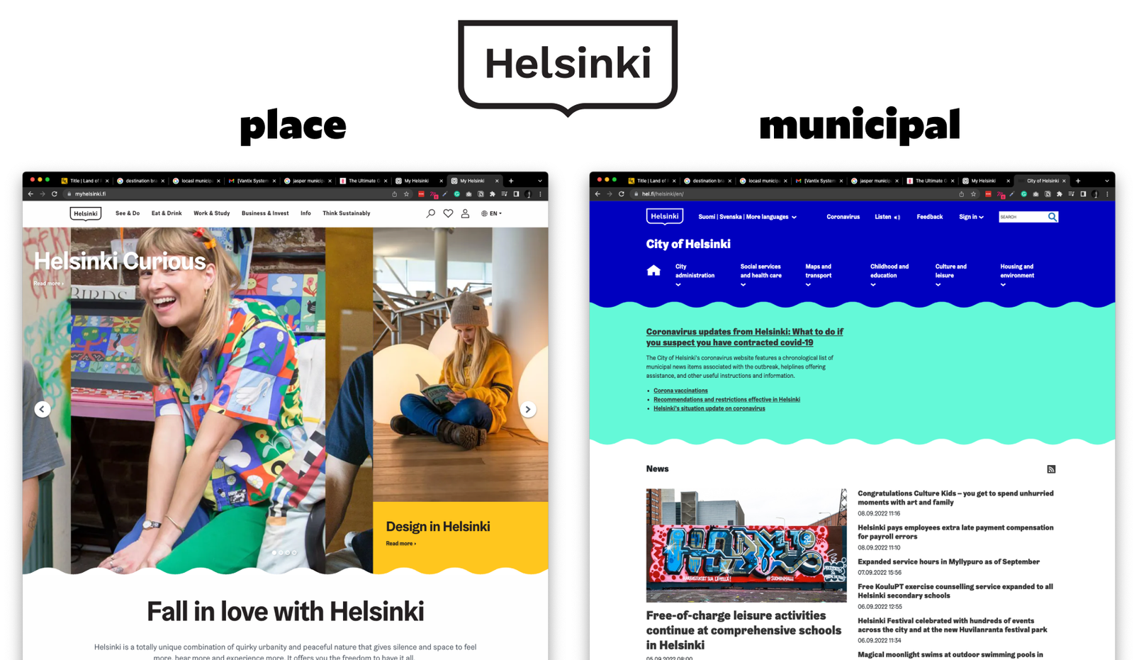 The Helsinki logo above two websites, a bright photographic place site and a blue, text-heavy municipal services site.