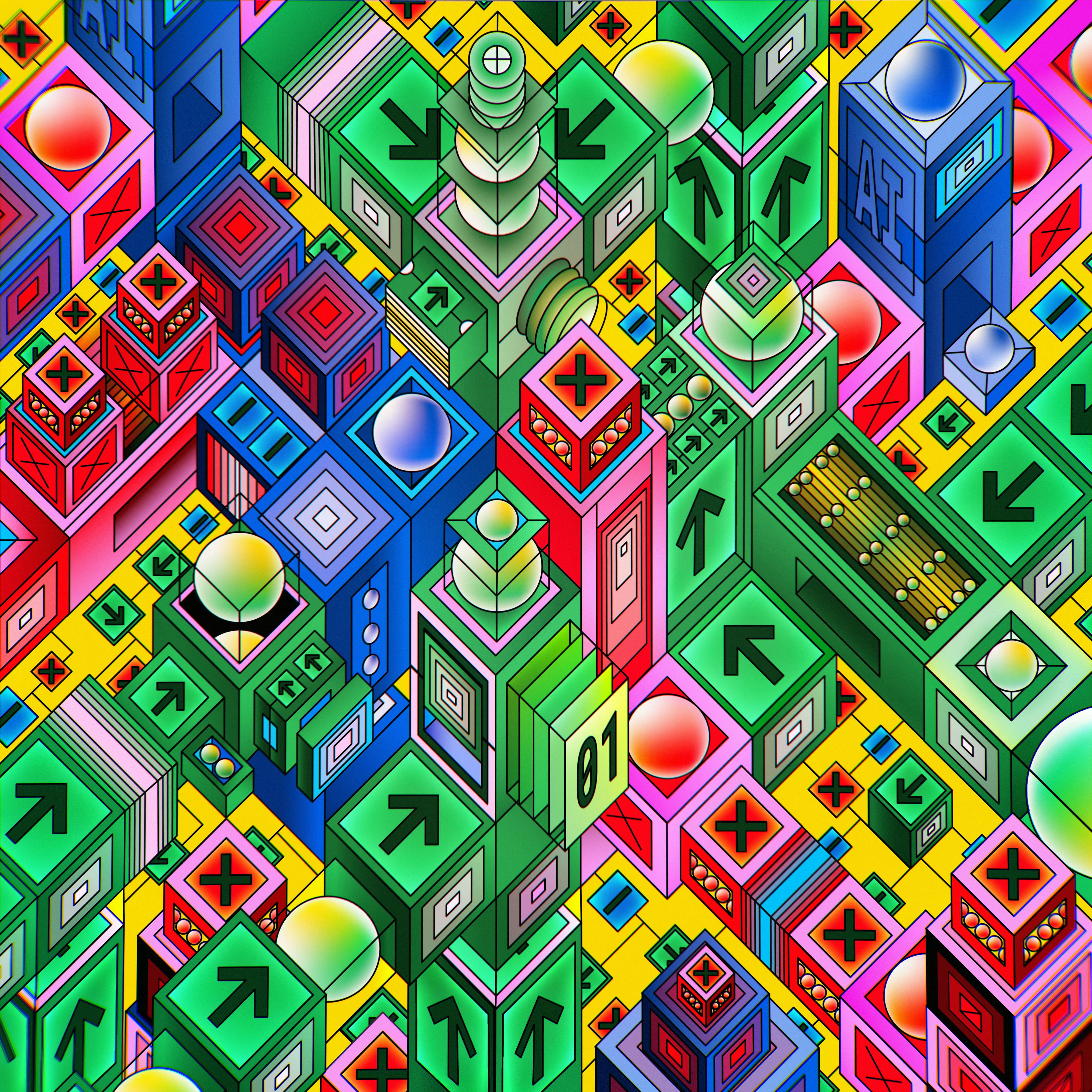 An abstract isometric illustration of green, pink and blue blocks marked with arrows, crosses and the letters AI.