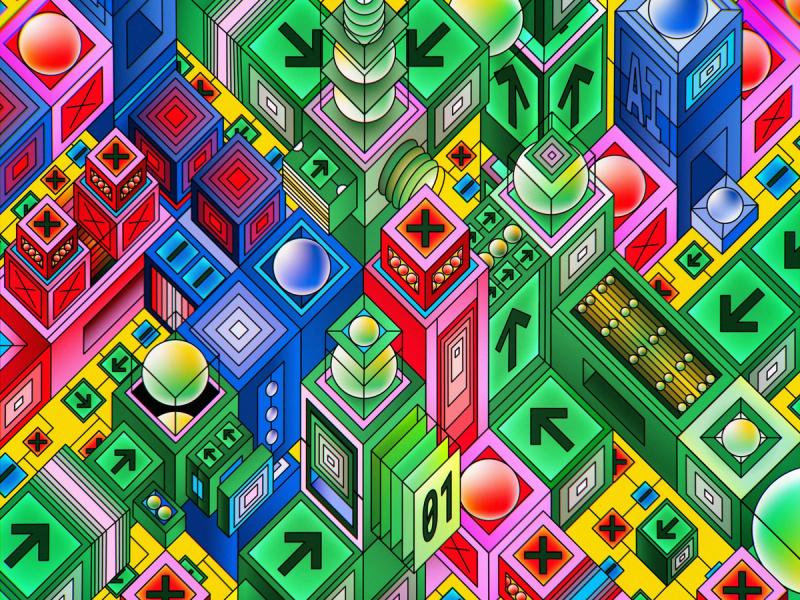 An abstract isometric illustration of green, pink and blue blocks marked with arrows, crosses and the letters AI.