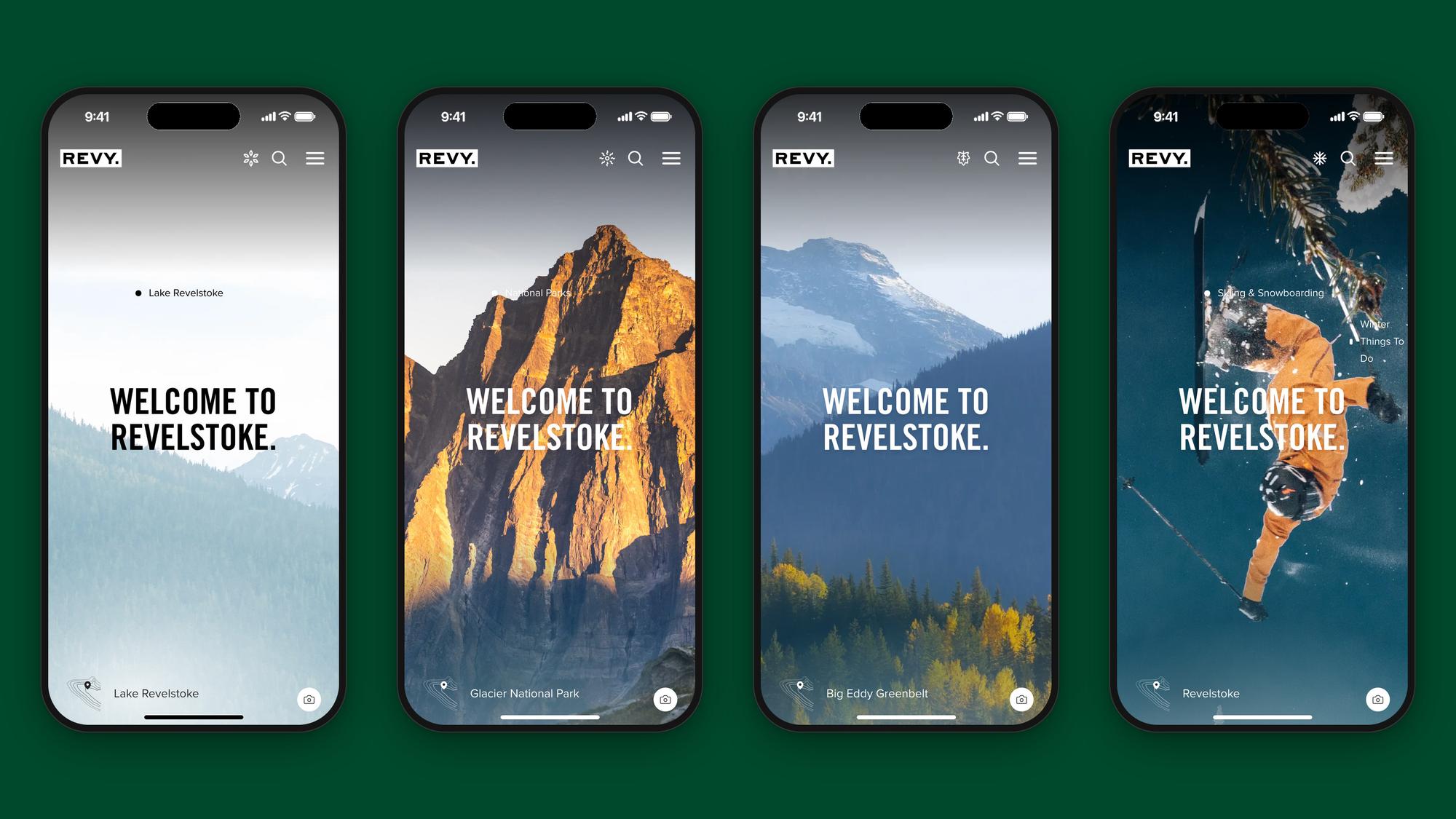 The home page on four phones, one for each season: Lake Revelstoke in spring, Glacier National Park in summer, Big Eddy Greenbelt in fall and a skier in winter