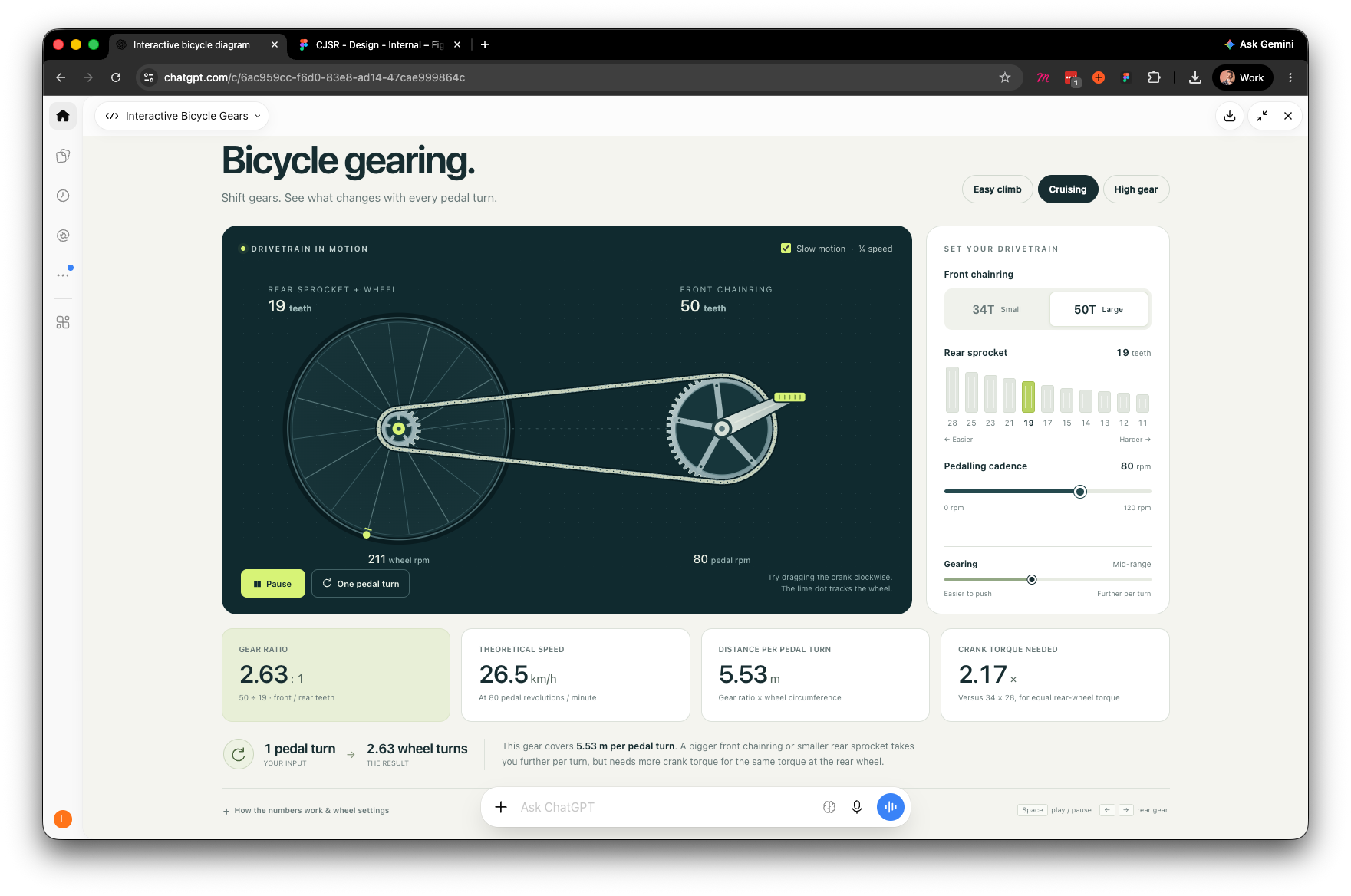 ChatGPT answering with an interactive bicycle gearing tool it generated: a drivetrain diagram, controls for chainring, sprocket and cadence, and cards for gear ratio and speed