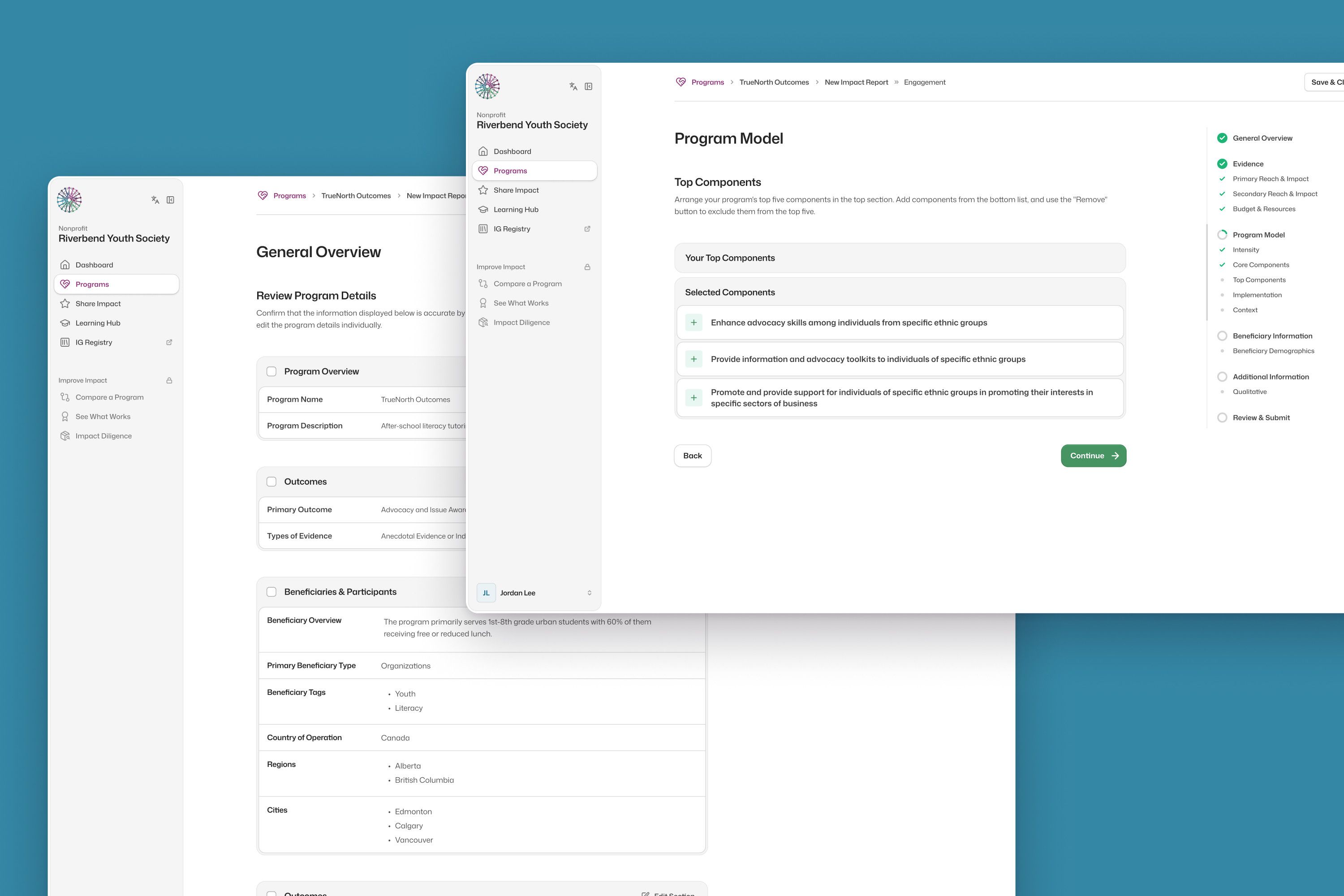 The General Overview and Program Model steps of an impact report, side by side