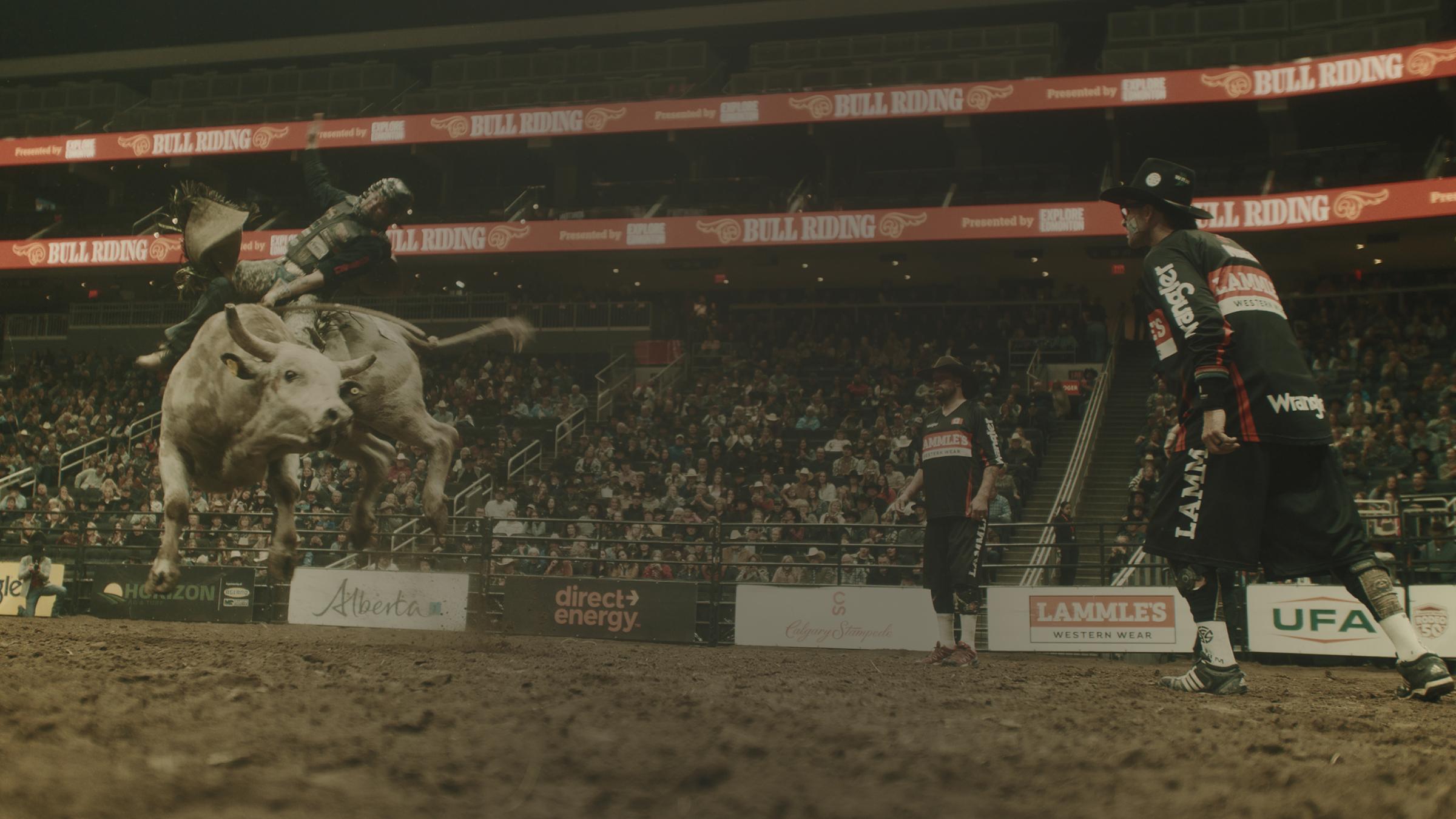 A bull rider in the arena at the Canadian Finals Rodeo