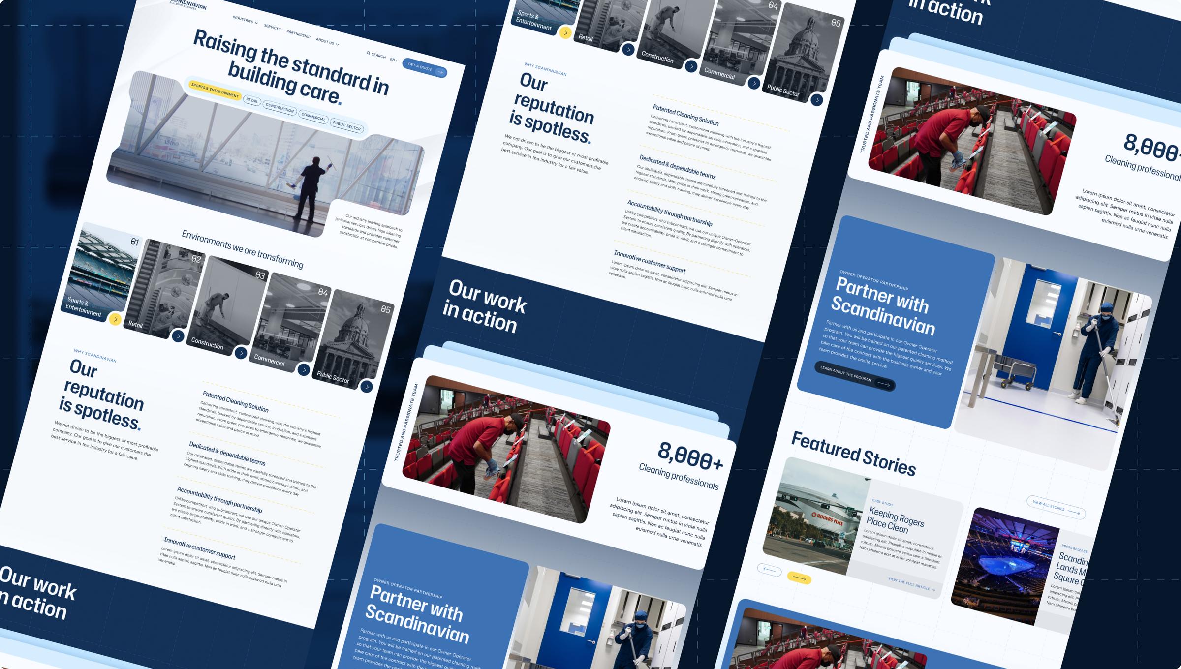 Pages from the Scandinavian Building Services website, laid out at an angle on a blue grid