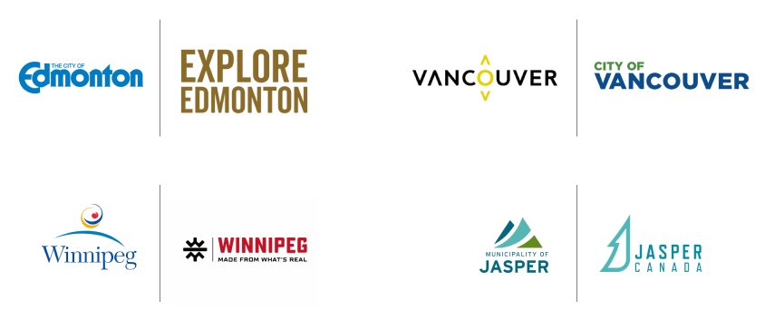 Paired municipal and tourism logos for Edmonton, Vancouver, Winnipeg and Jasper, each place using two unrelated looks.