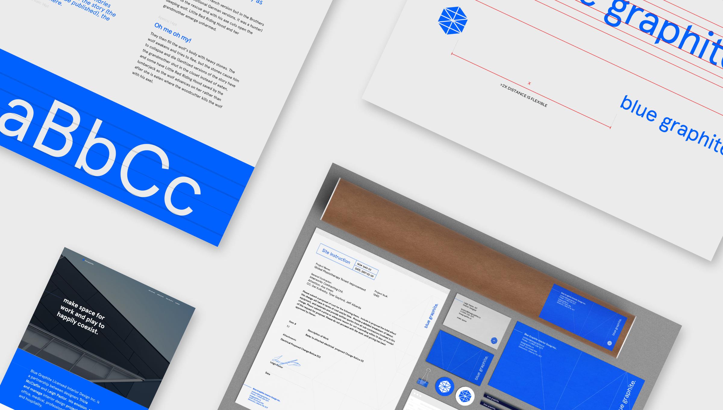 Blue Graphite stationery: letterhead, business cards and type specimens in blue