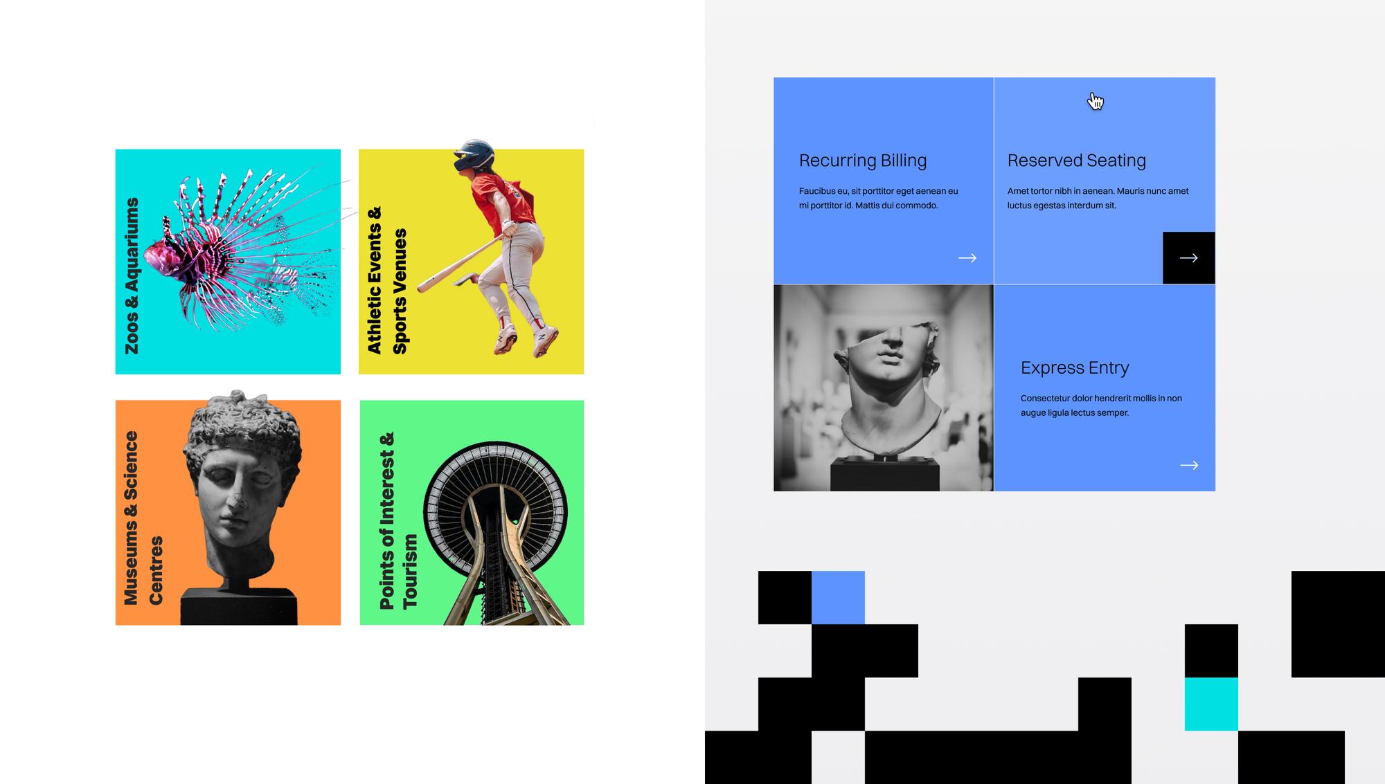 Vantix imagery in colour blocks for museums, sports venues and attractions, beside feature cards