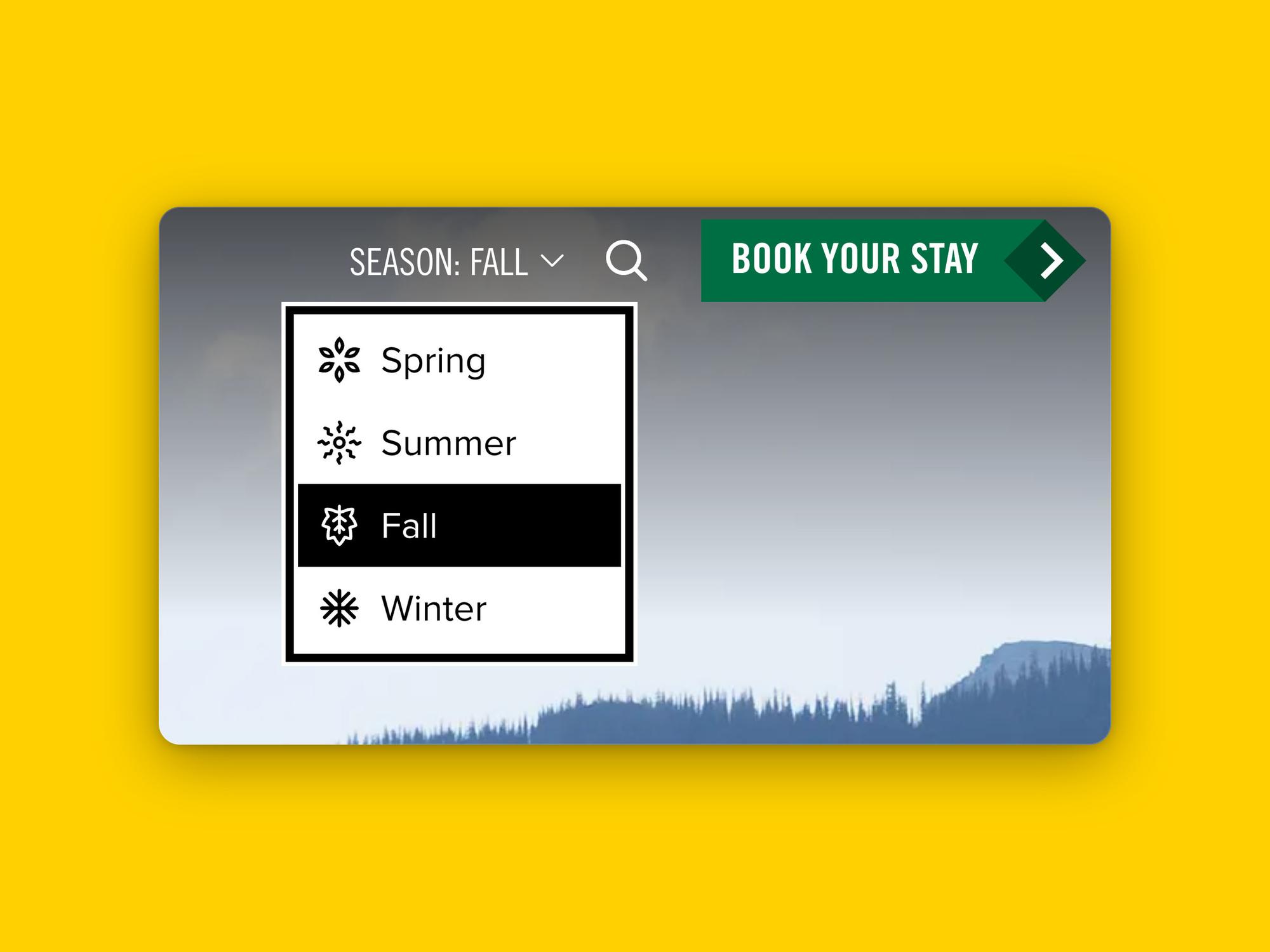 The season picker in the site header, open on Spring, Summer, Fall and Winter