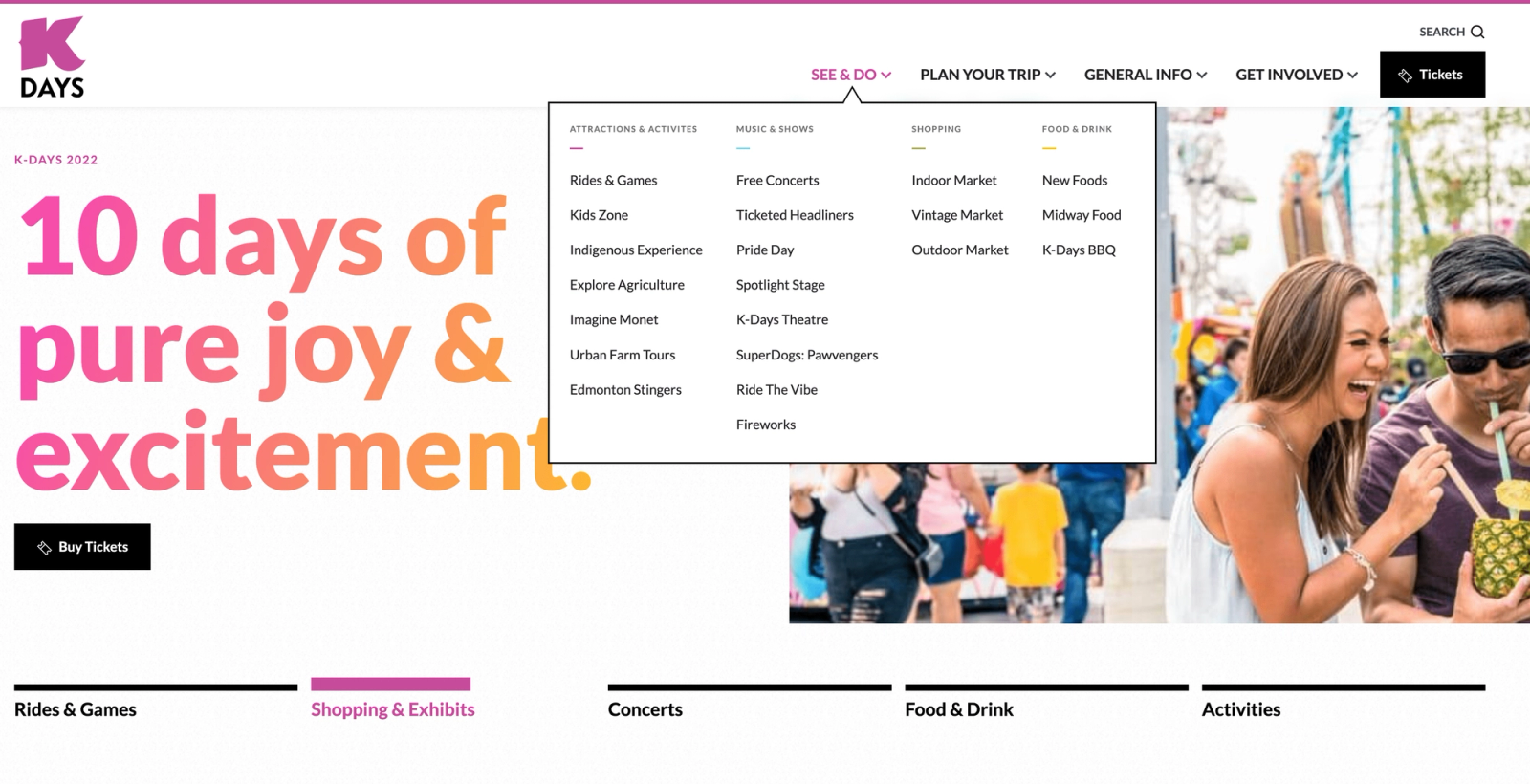 The K-Days website with its See & Do menu open, listing attractions, music and food.