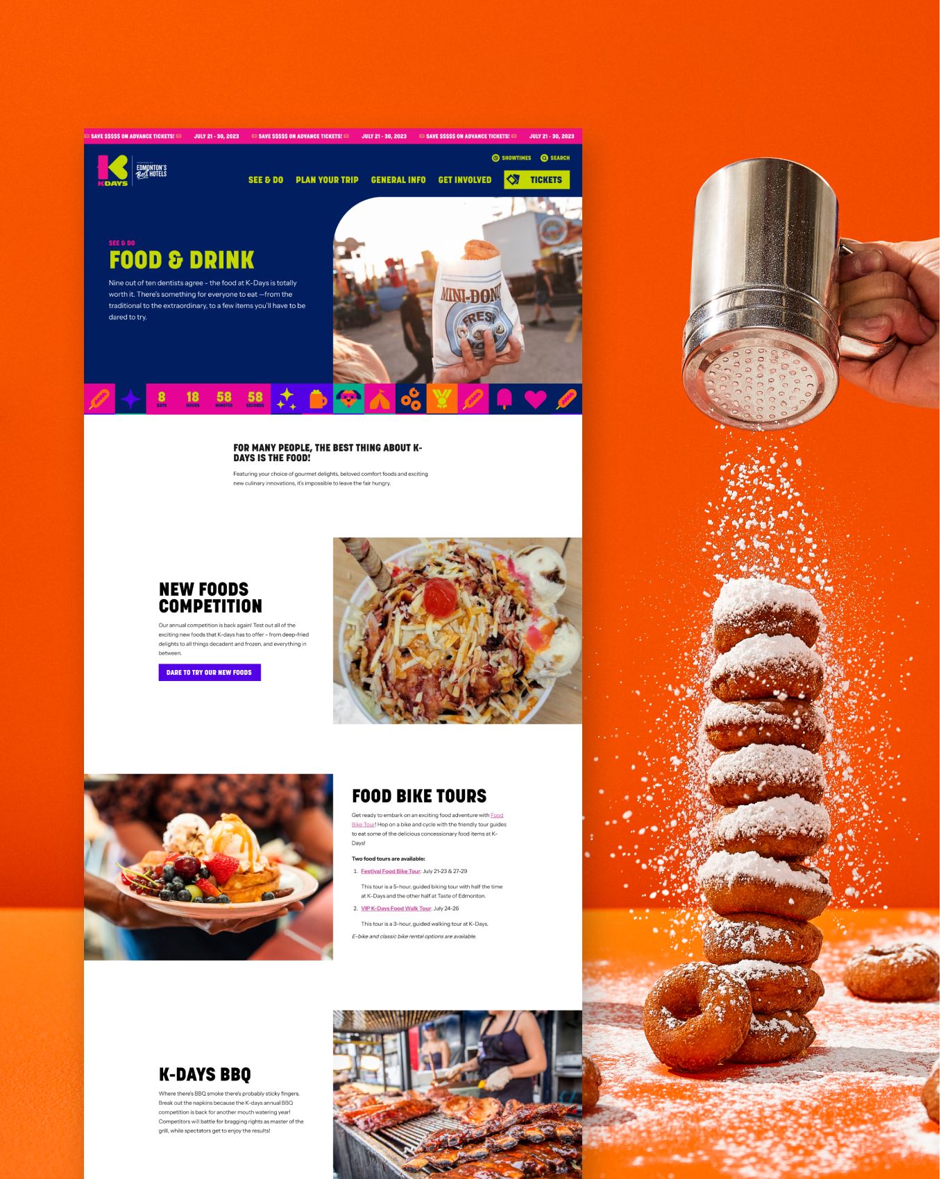 The K-Days food and drink page beside a stack of sugared mini doughnuts