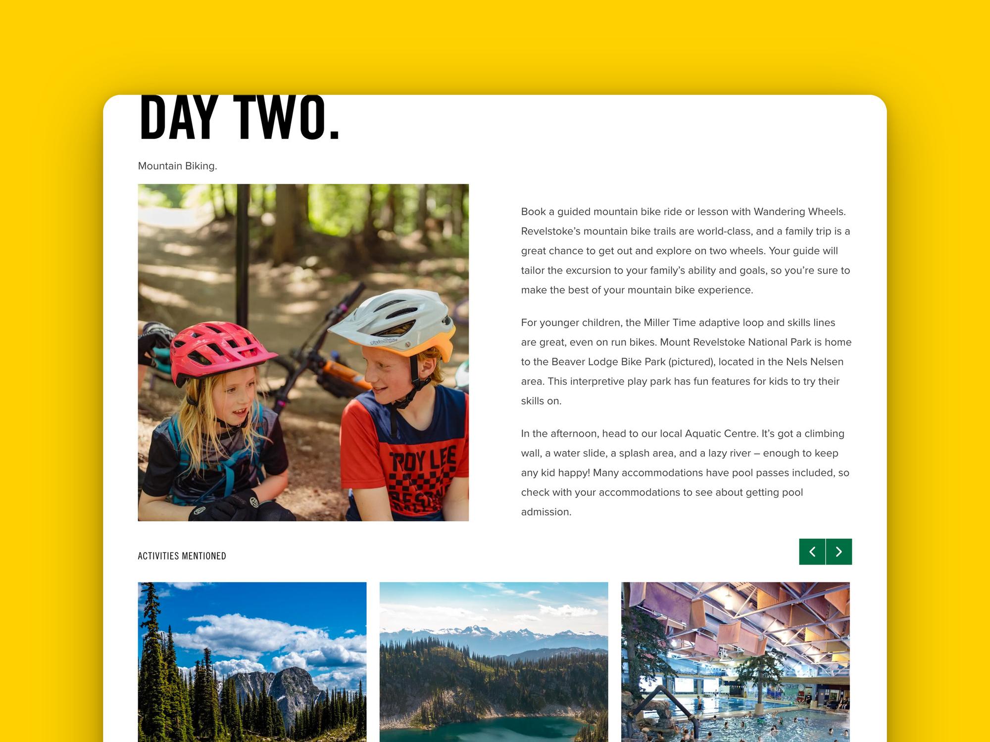 Day two of the family itinerary, mountain biking, with cards for the places it mentions: Wandering Wheels, Mount Revelstoke National Park and the Aquatic Centre