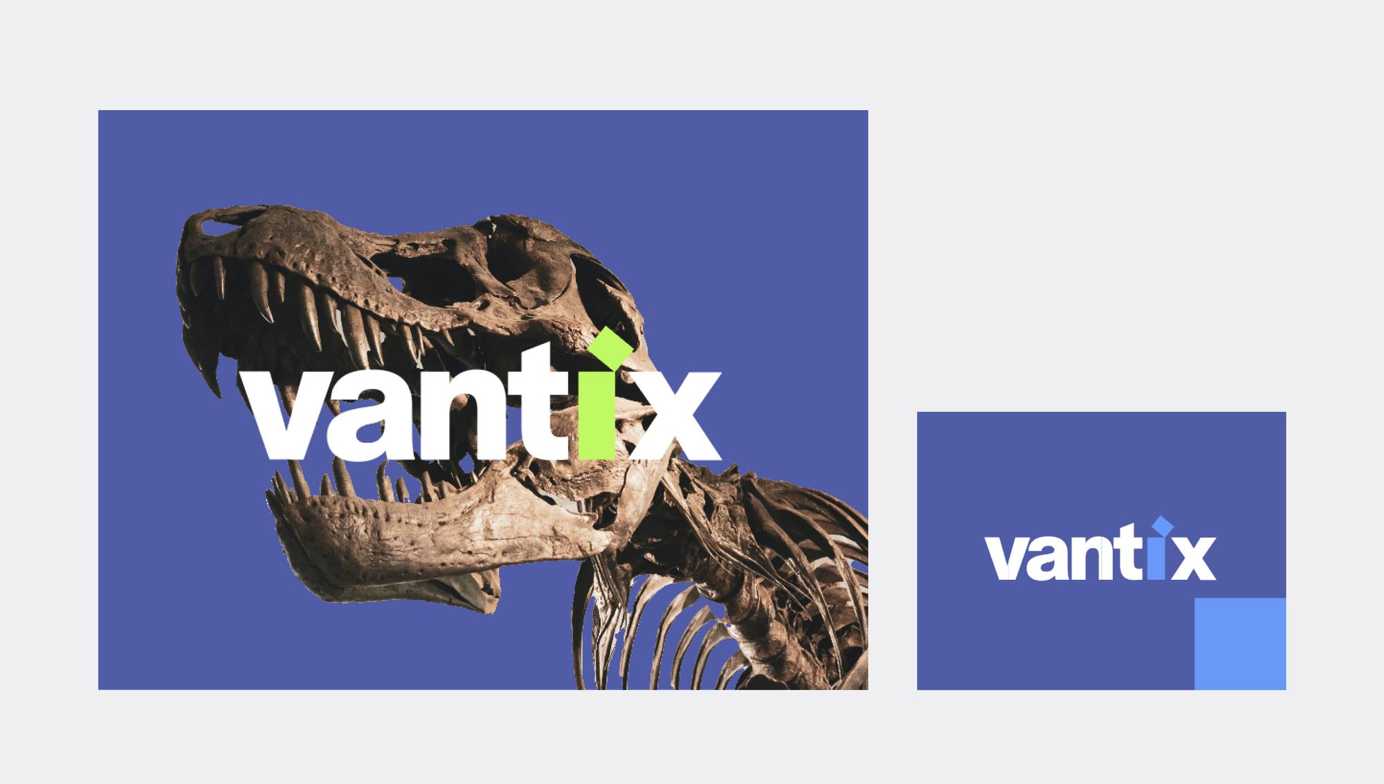 The Vantix logo over a dinosaur skull, on purple