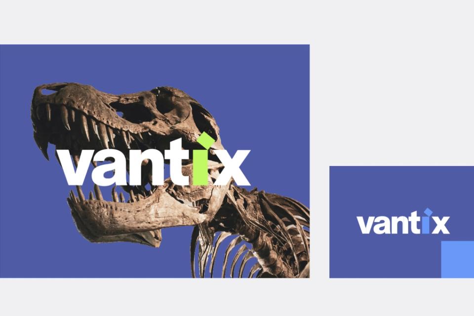 The Vantix logo over a dinosaur skull, on purple