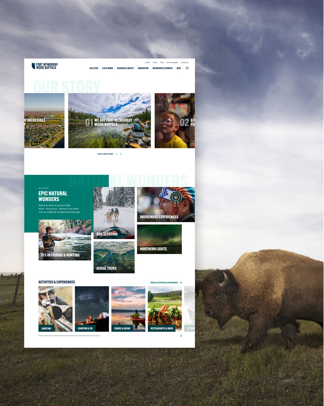 The Fort McMurray Wood Buffalo homepage beside a bison on the prairie