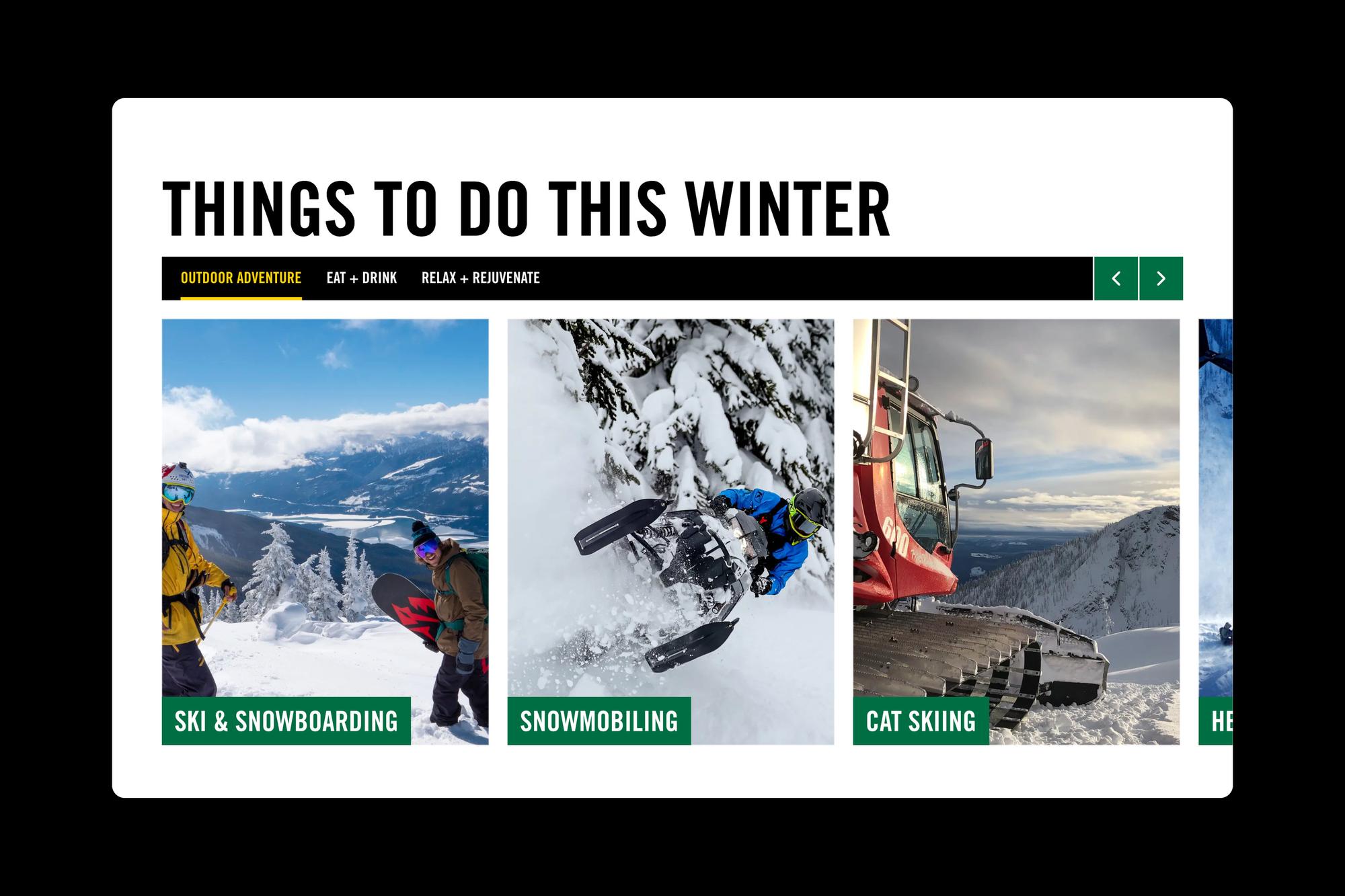 Things to do this winter on the Winter in Revelstoke guide: skiing and snowboarding, snowmobiling and cat skiing