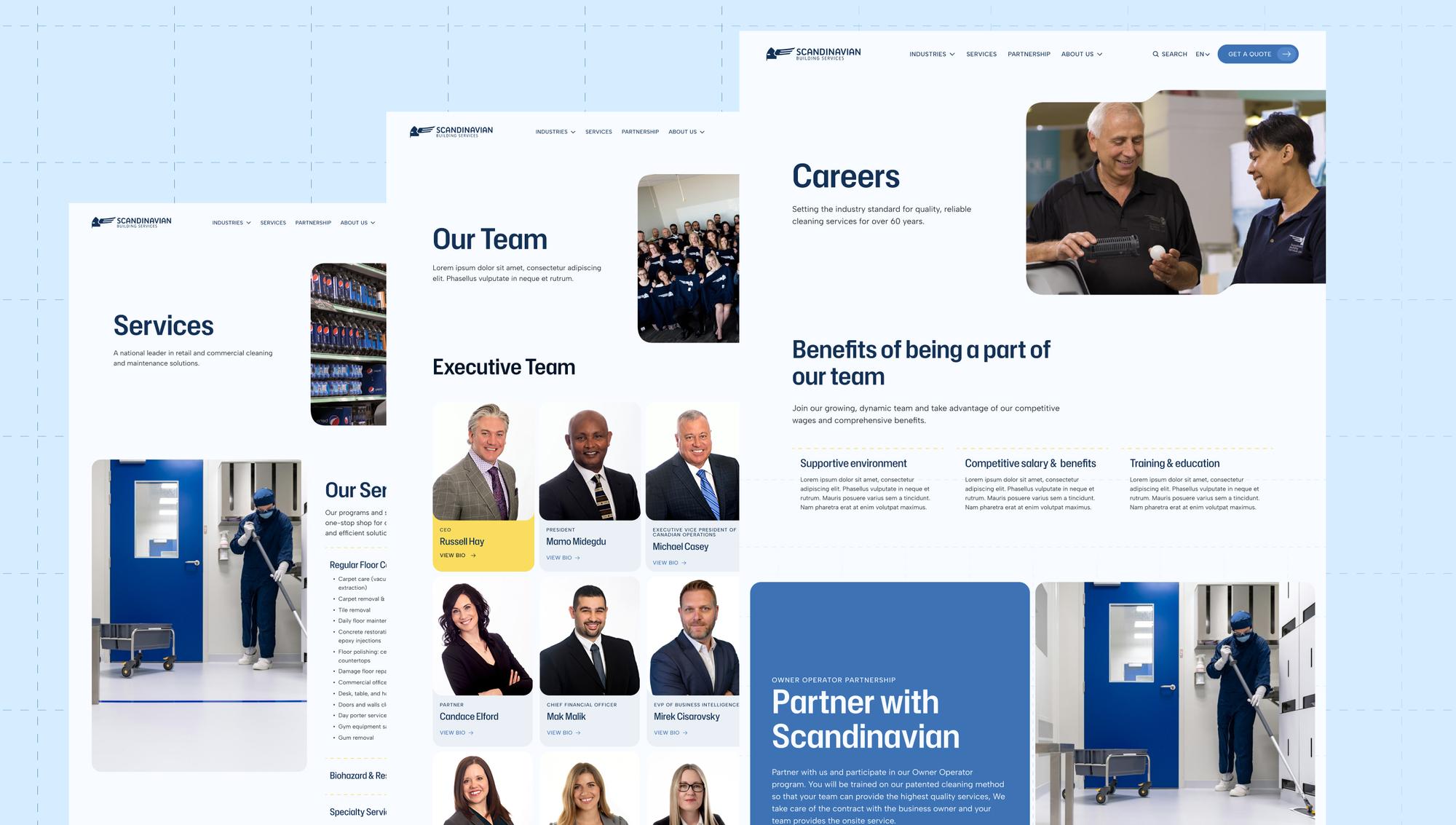 Services, team and careers pages from the Scandinavian Building Services website