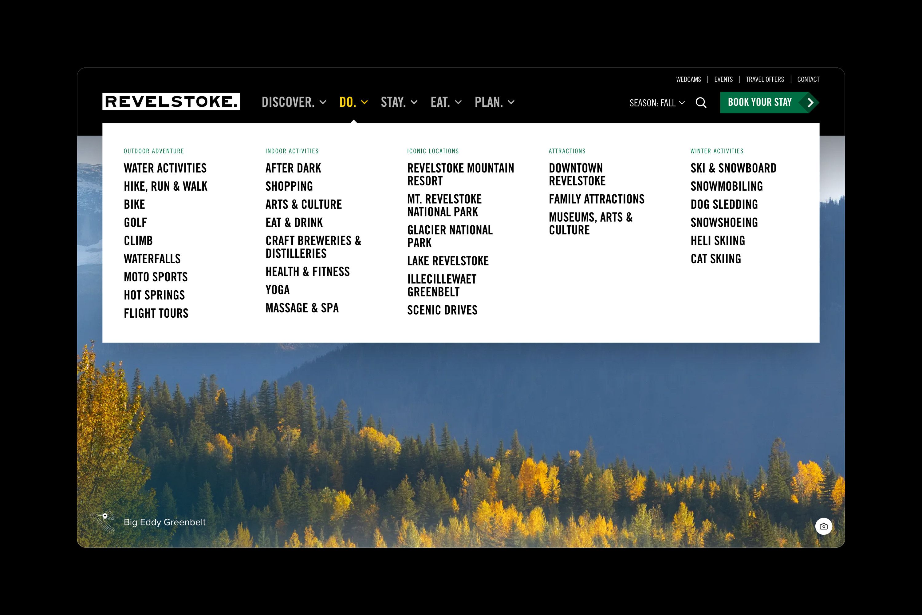 The Do menu open in the site header, listing outdoor adventure, indoor activities, iconic locations, attractions and winter activities