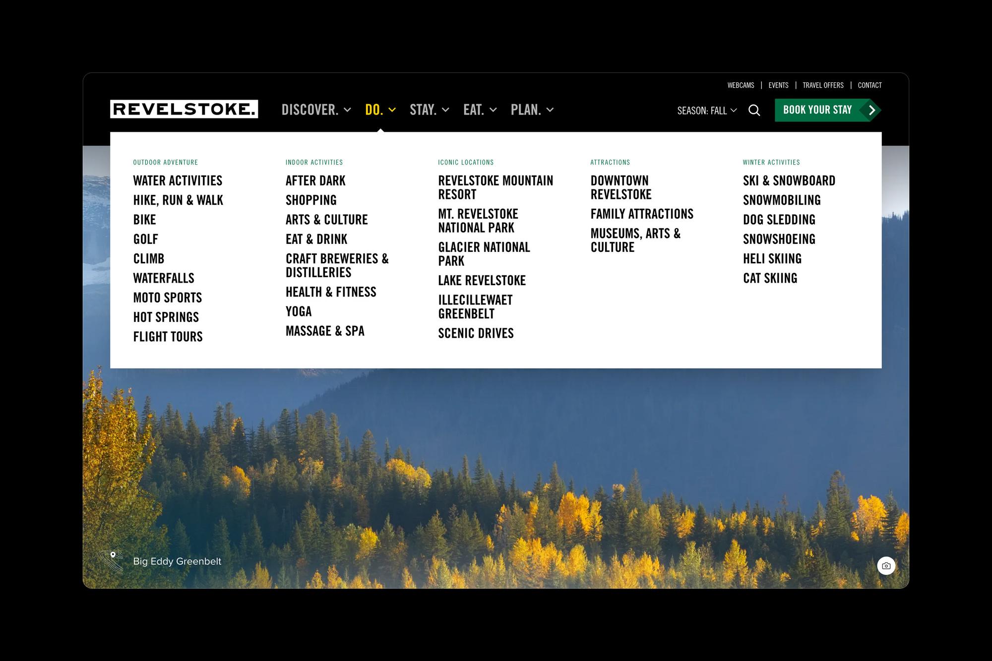 The Do menu open in the site header, listing outdoor adventure, indoor activities, iconic locations, attractions and winter activities