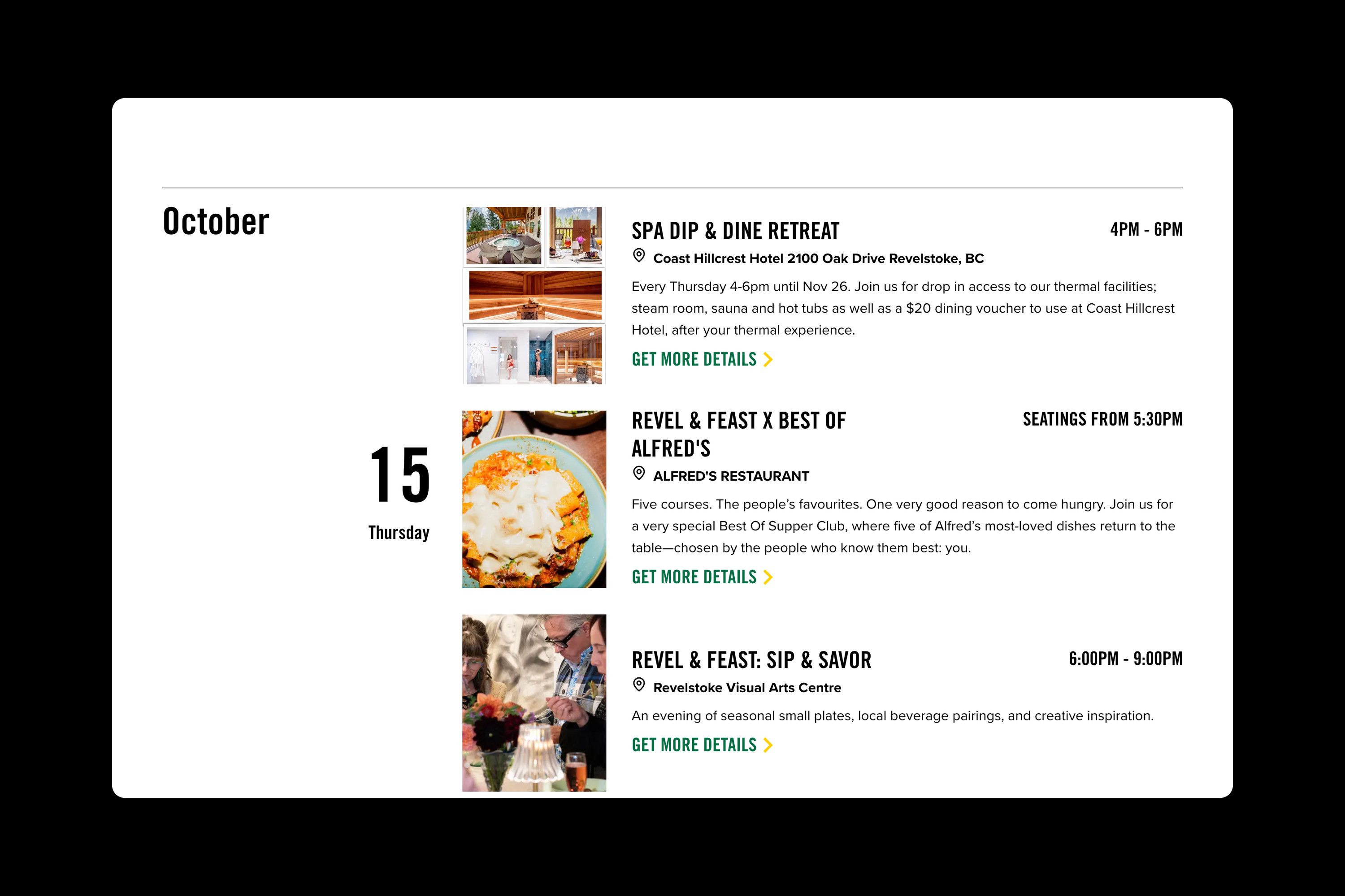The community events calendar, three events on October 15 with times, venues and details