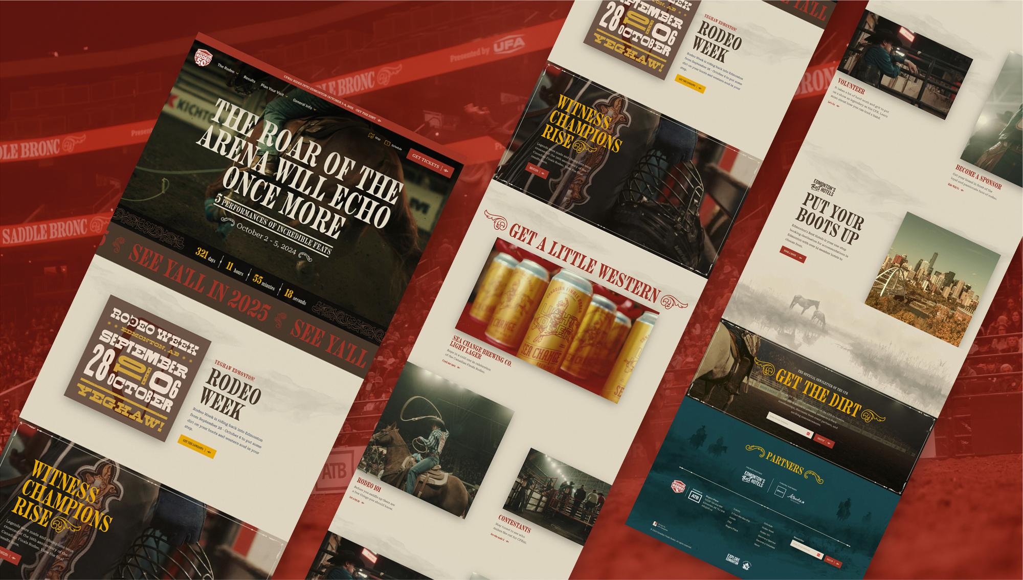 Canadian Finals Rodeo website pages laid out at an angle on red
