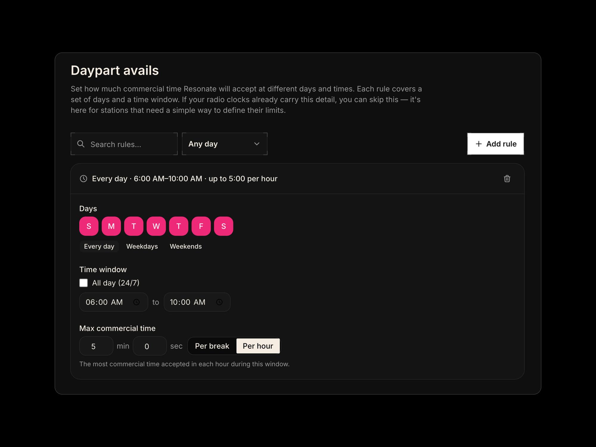 Daypart avails: a rule allowing up to five minutes of commercials an hour, every day from 6 to 10 am