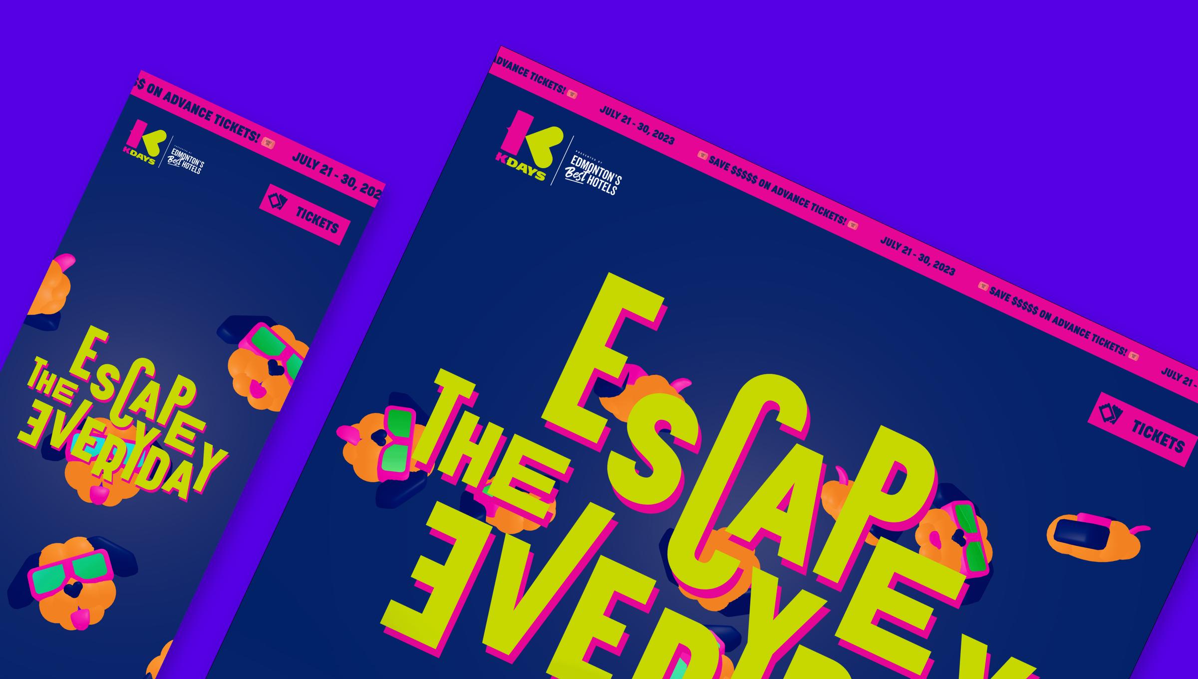 The K-Days website: Escape the Everyday, in bright 3D lettering