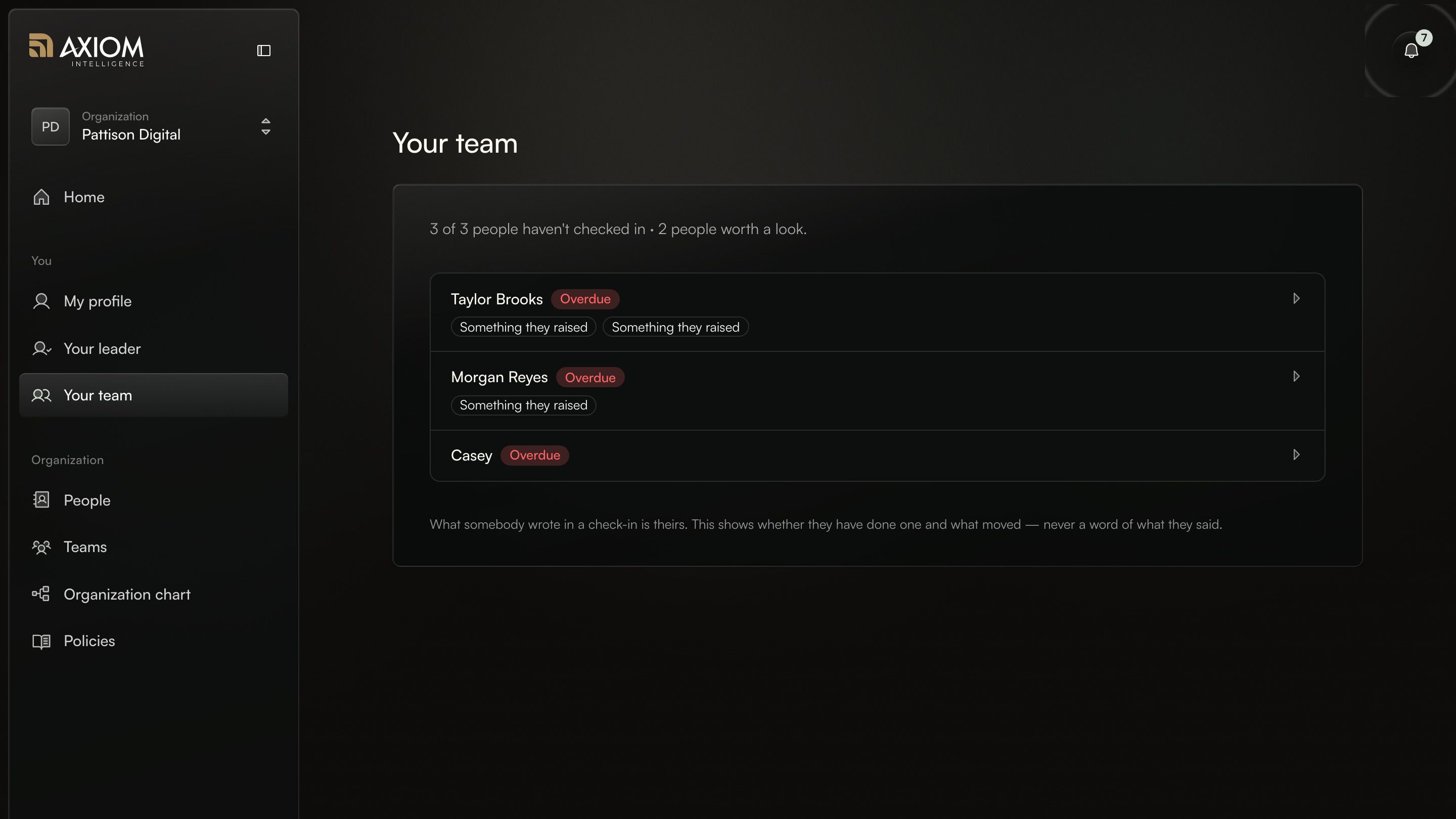 The Your team view, with overdue check-ins and things people raised