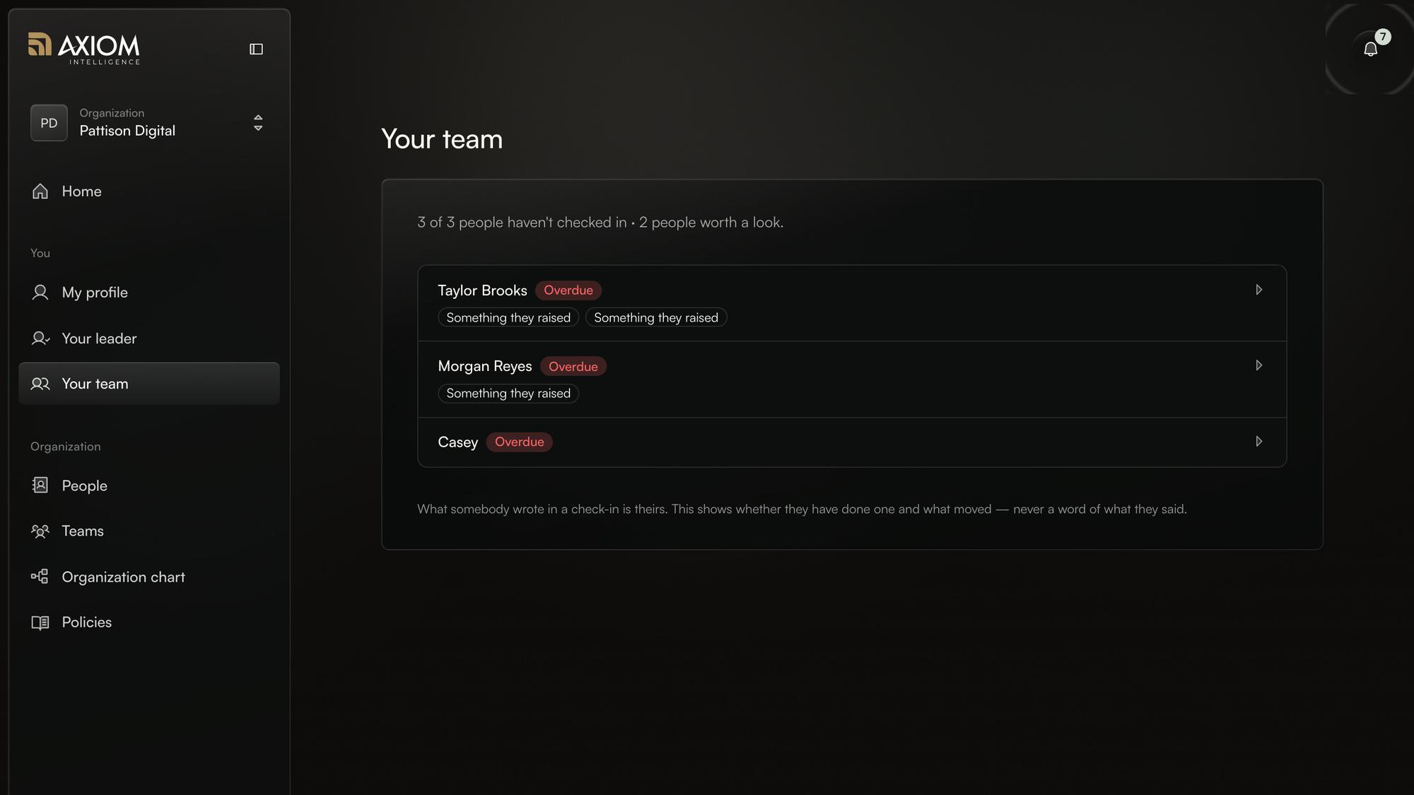 The Your team view, with overdue check-ins and things people raised