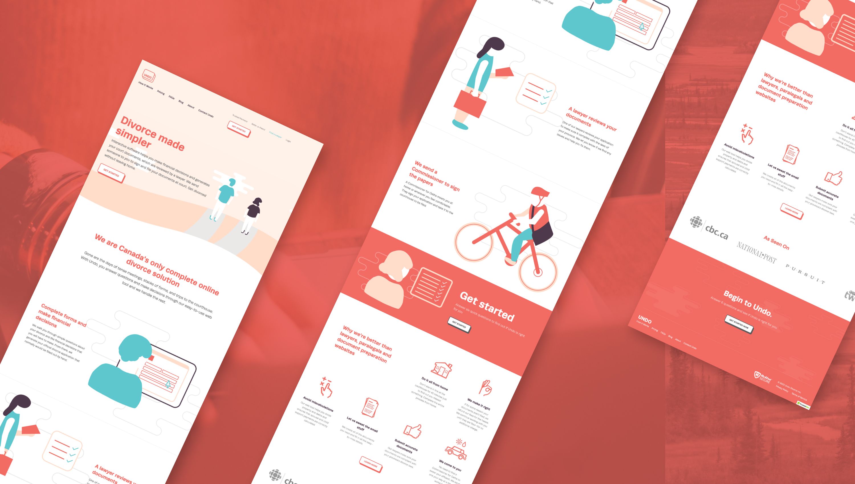 Pages from the Undo website with friendly illustrations, on coral