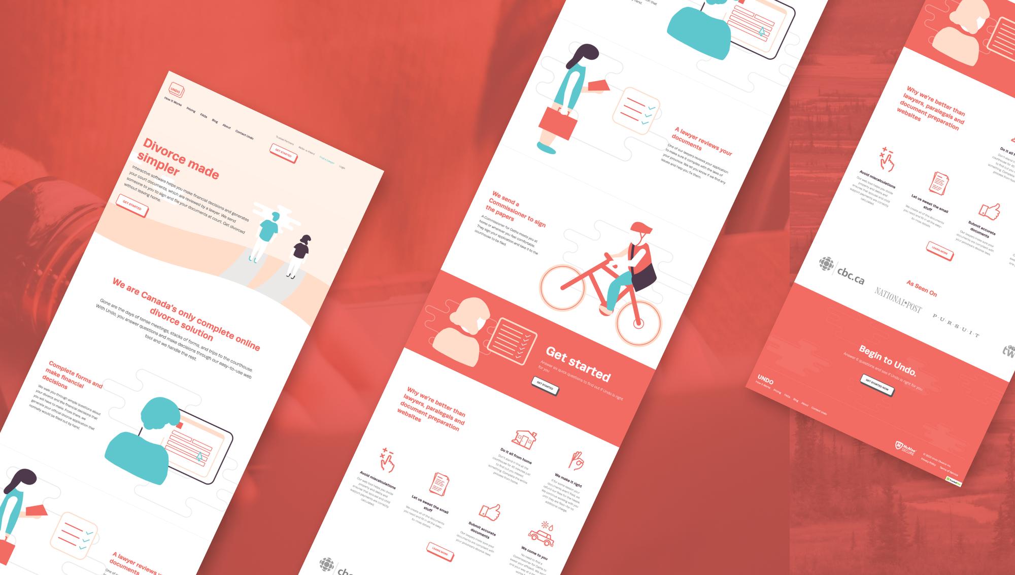 Pages from the Undo website with friendly illustrations, on coral