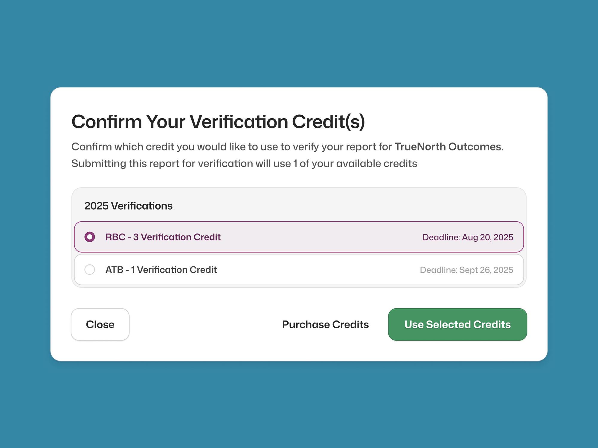 The Confirm Your Verification Credits dialog, with a funder’s credit selected
