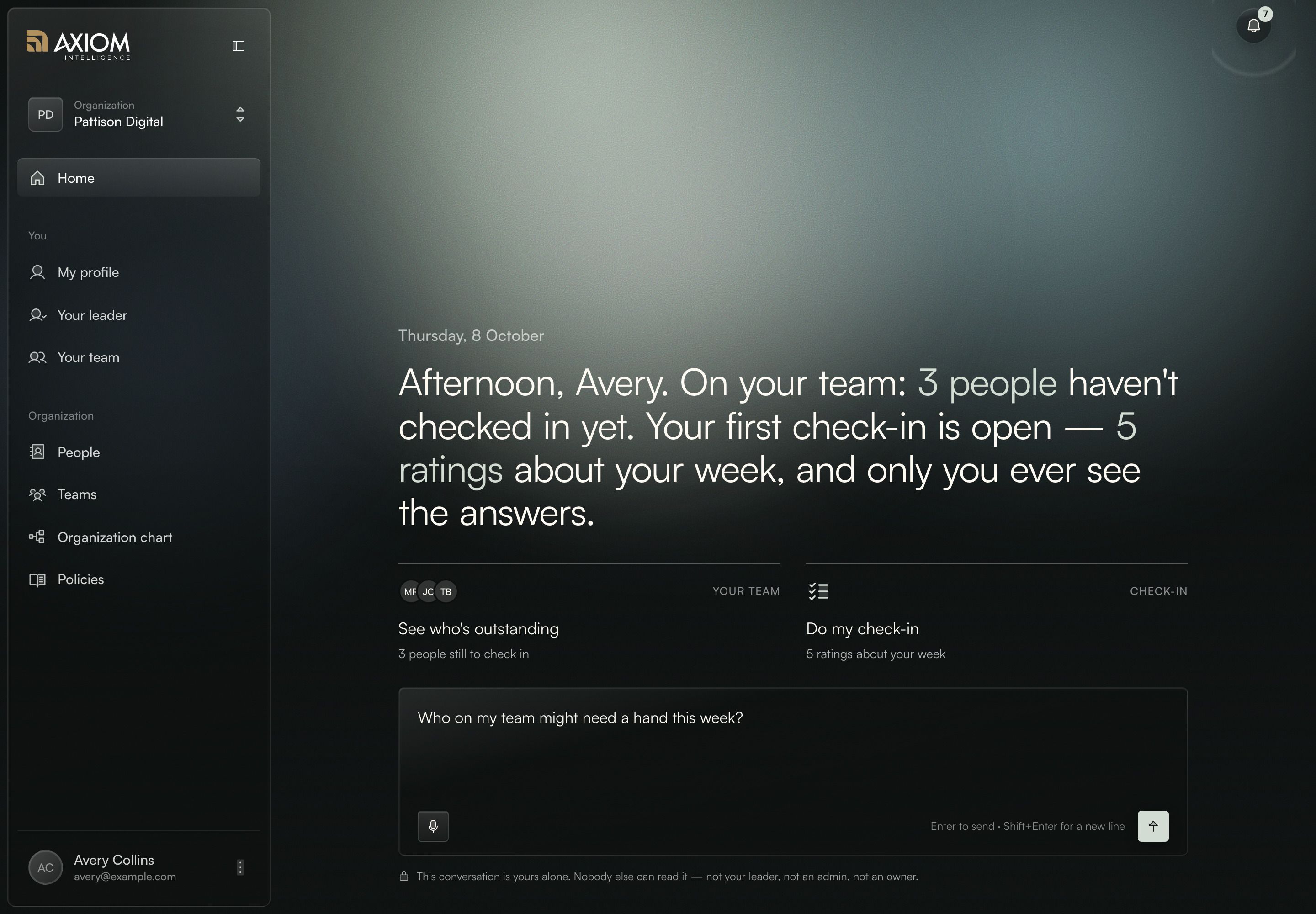 Axiom’s home screen: a greeting that sums up the week, and a leader asking the coach who on their team might need a hand