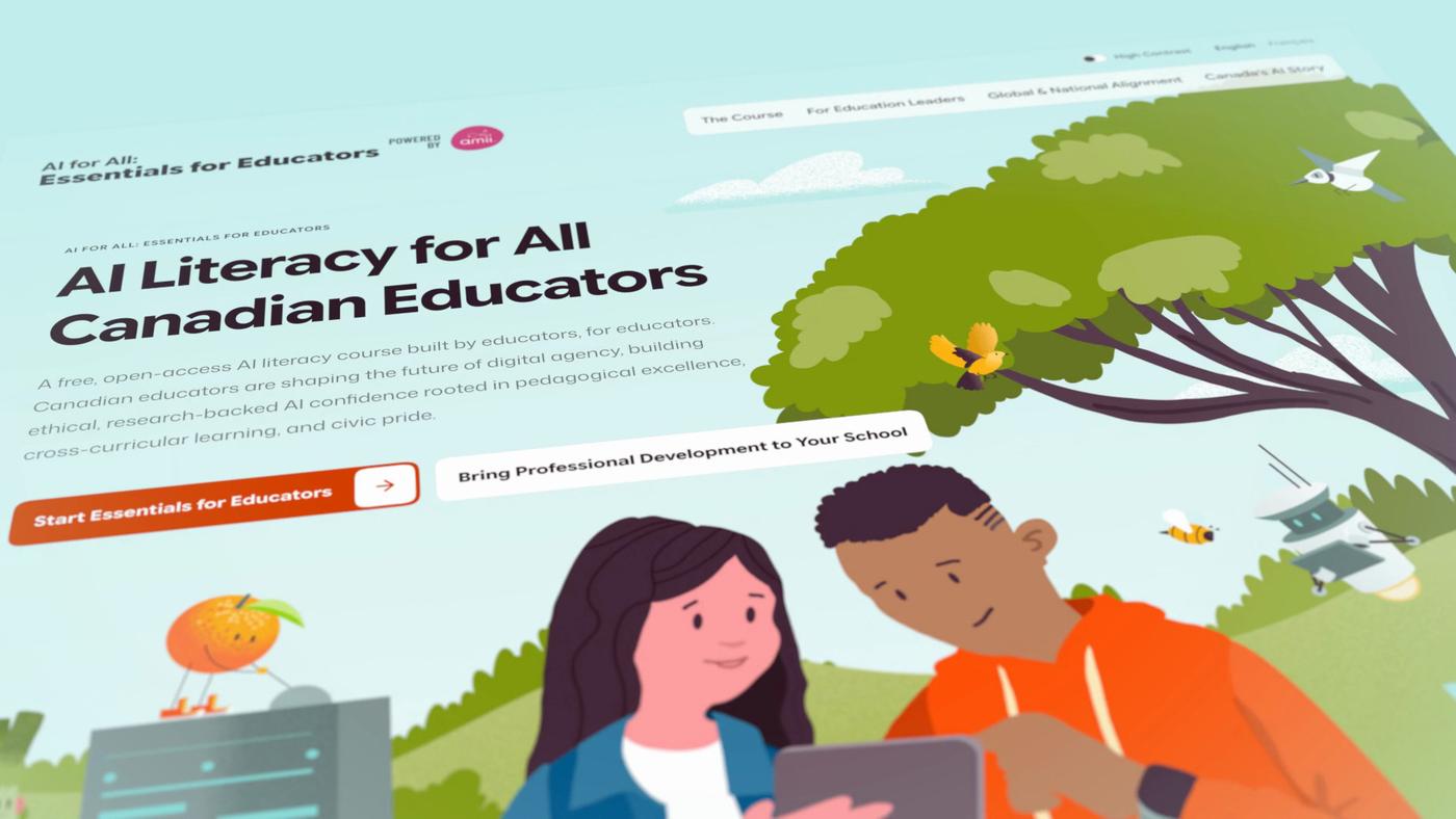 The Essentials for Educators homepage, with Curio Studio’s illustration of two students under a tree