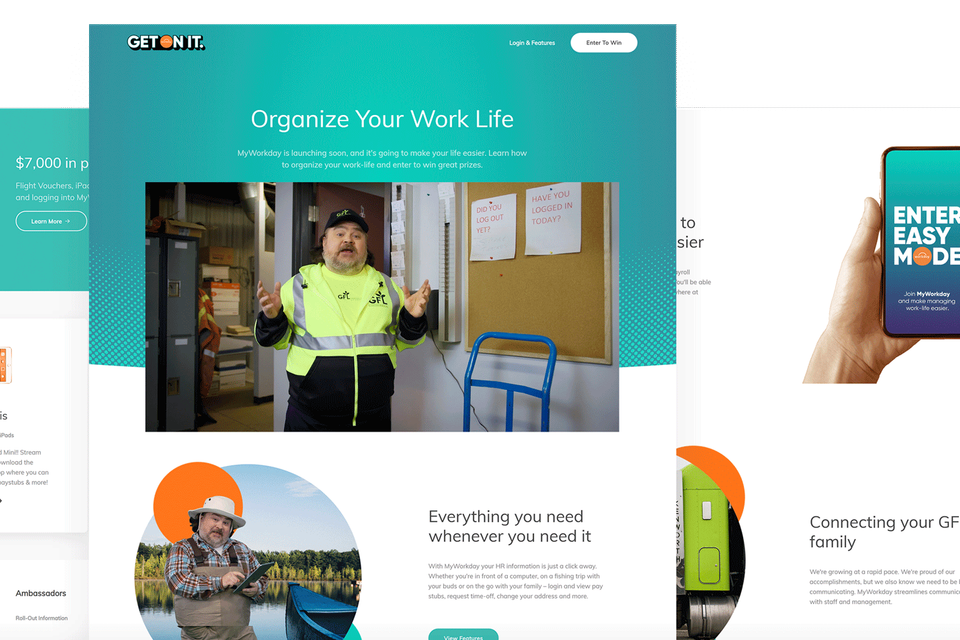 The Get On It contest and MyWorkday landing pages on desktop and phone