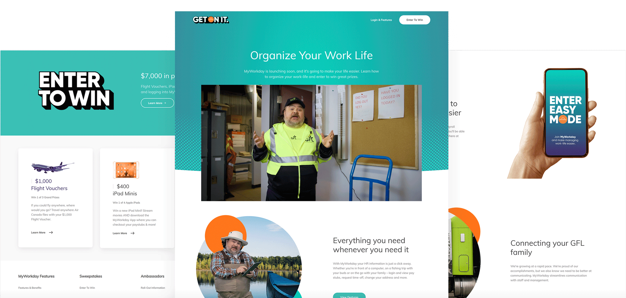 The Get On It contest and MyWorkday landing pages on desktop and phone