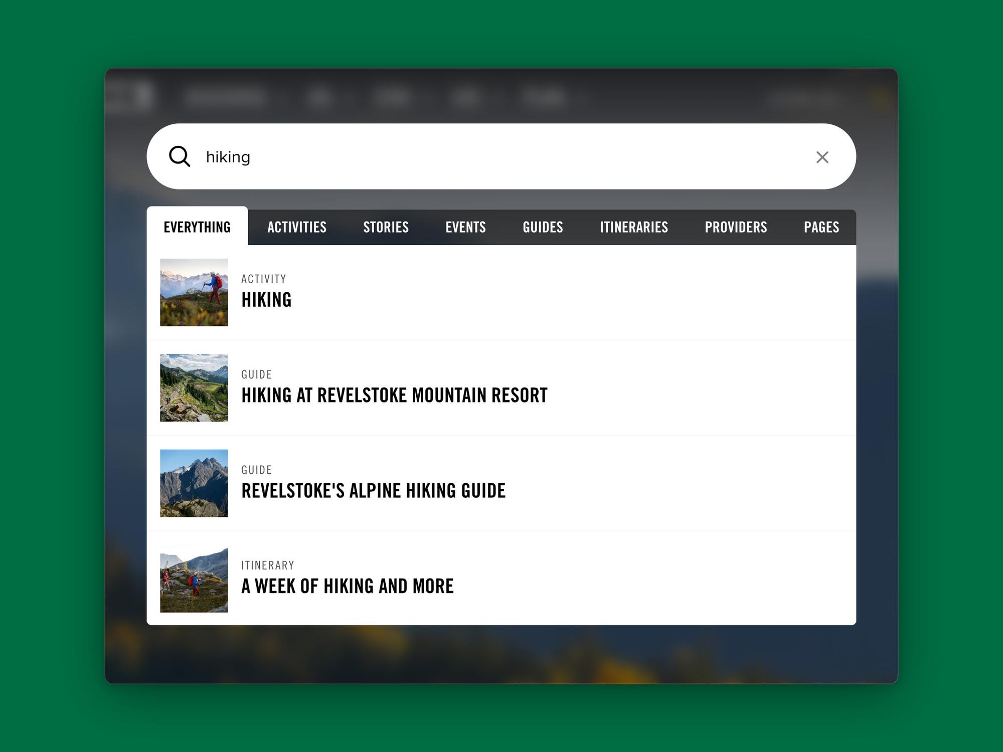 Site search for “hiking”, with results tabbed by activities, stories, events, guides, itineraries, providers and pages