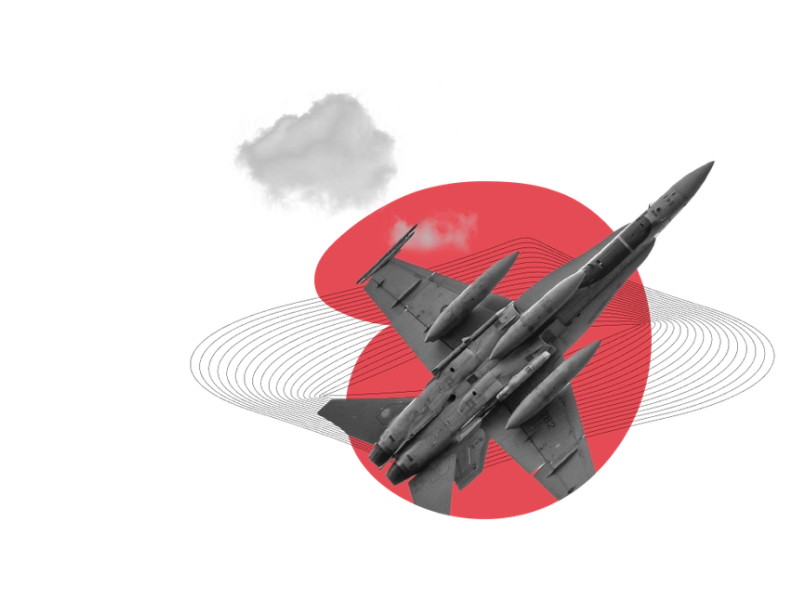 A grey fighter jet banking across a red circle, with a cloud and thin orbital lines behind it.
