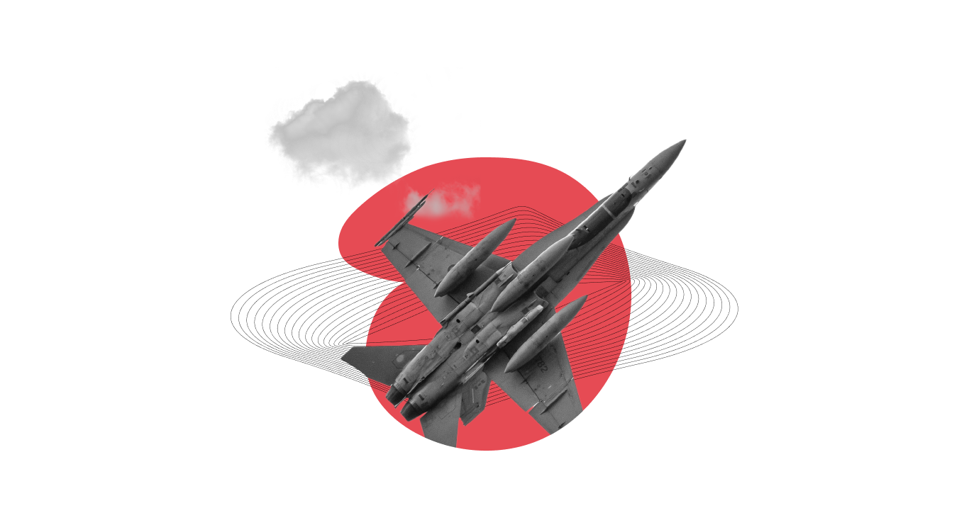 A grey fighter jet banking across a red circle, with a cloud and thin orbital lines behind it.