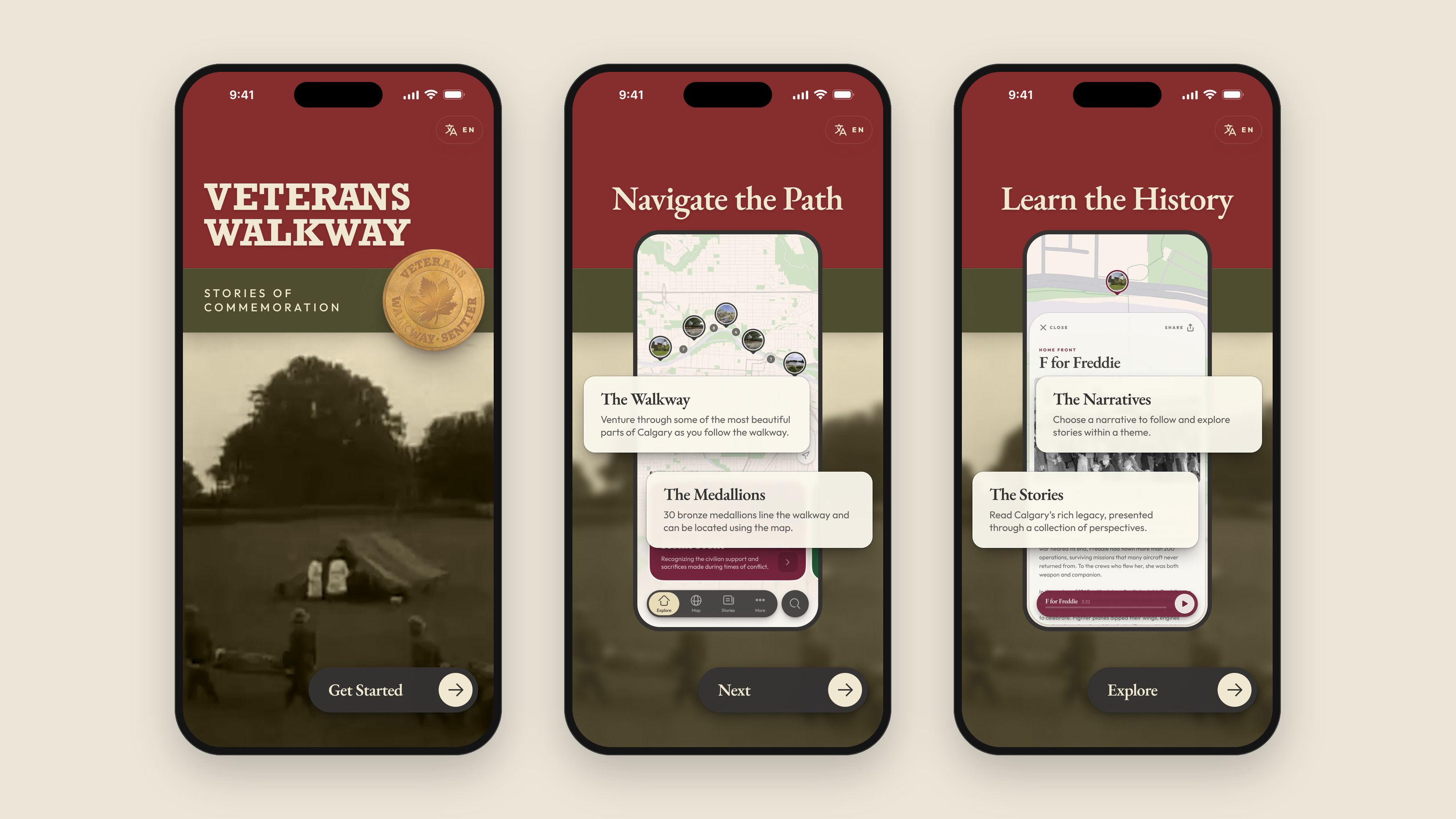 The app’s onboarding: the splash screen, Navigate the Path, and Learn the History