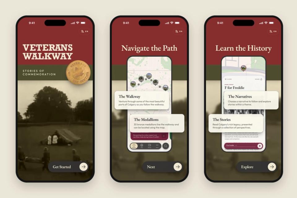 The app’s onboarding: the splash screen, Navigate the Path, and Learn the History
