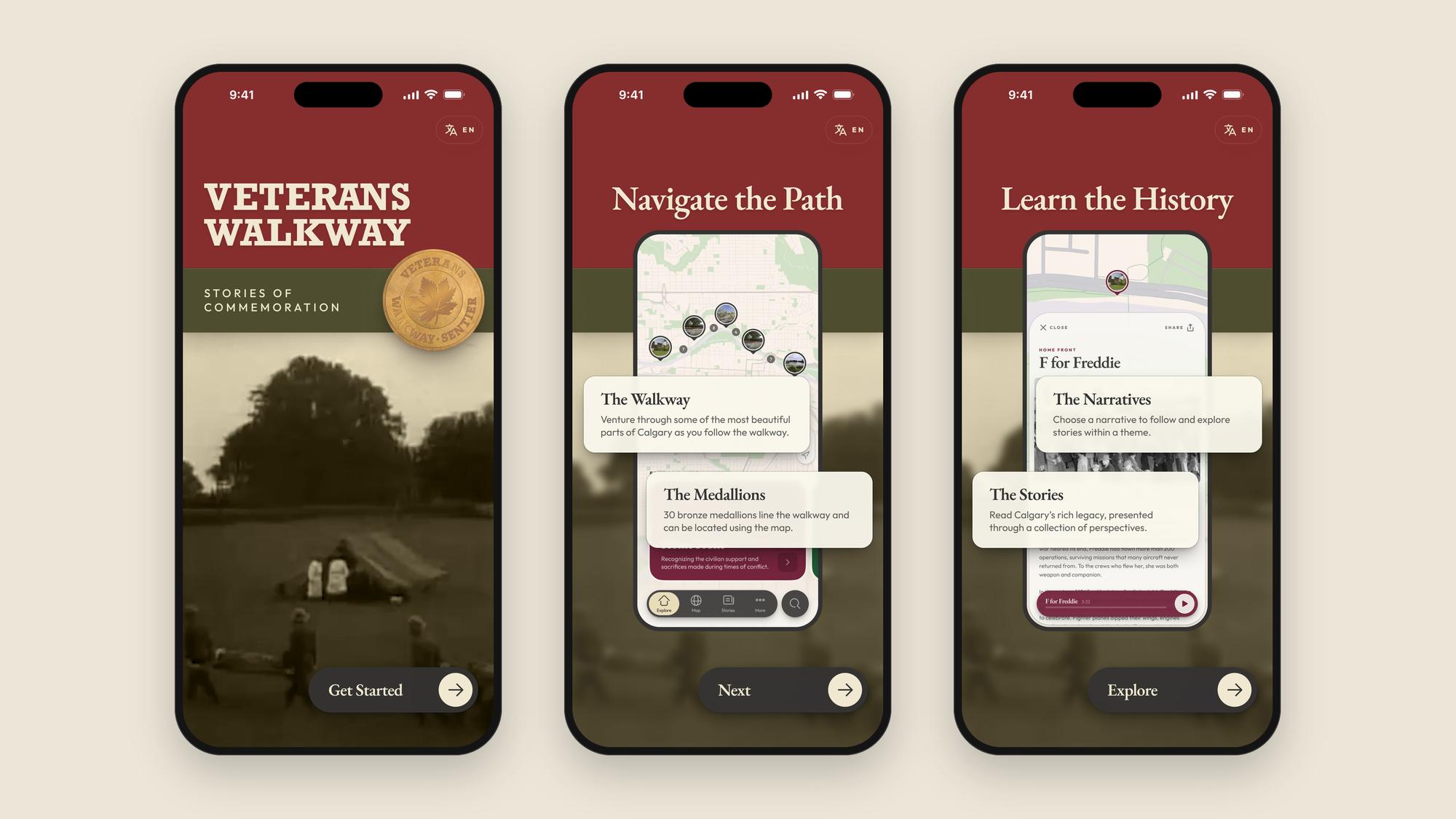 The app’s onboarding: the splash screen, Navigate the Path, and Learn the History