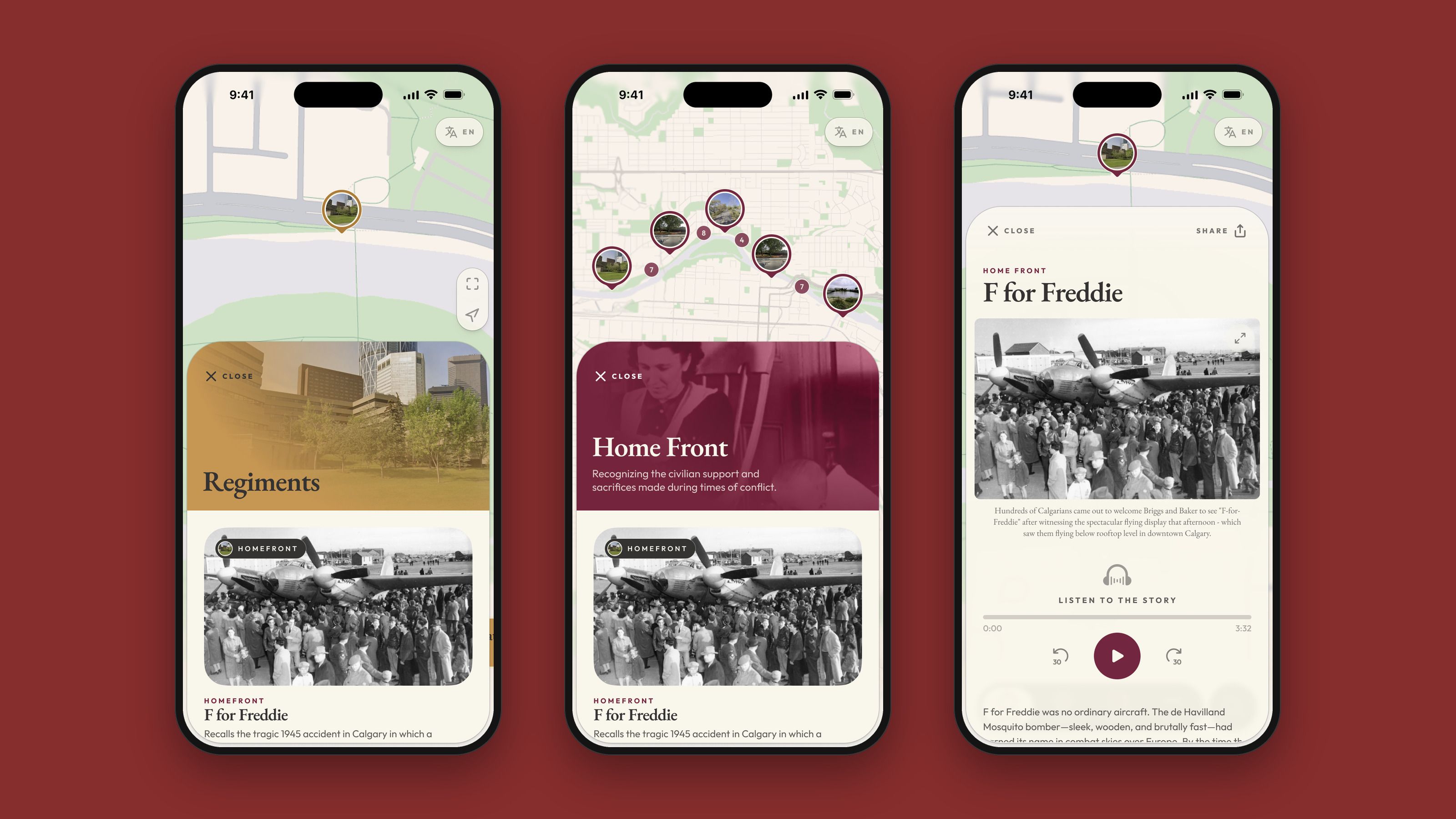 Three app screens: a medallion on the map, the Home Front storyline, and a story with its audio