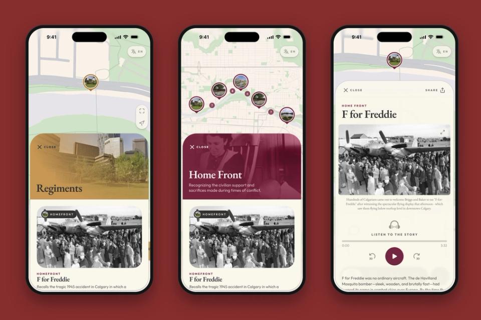 Three app screens: a medallion on the map, the Home Front storyline, and a story with its audio