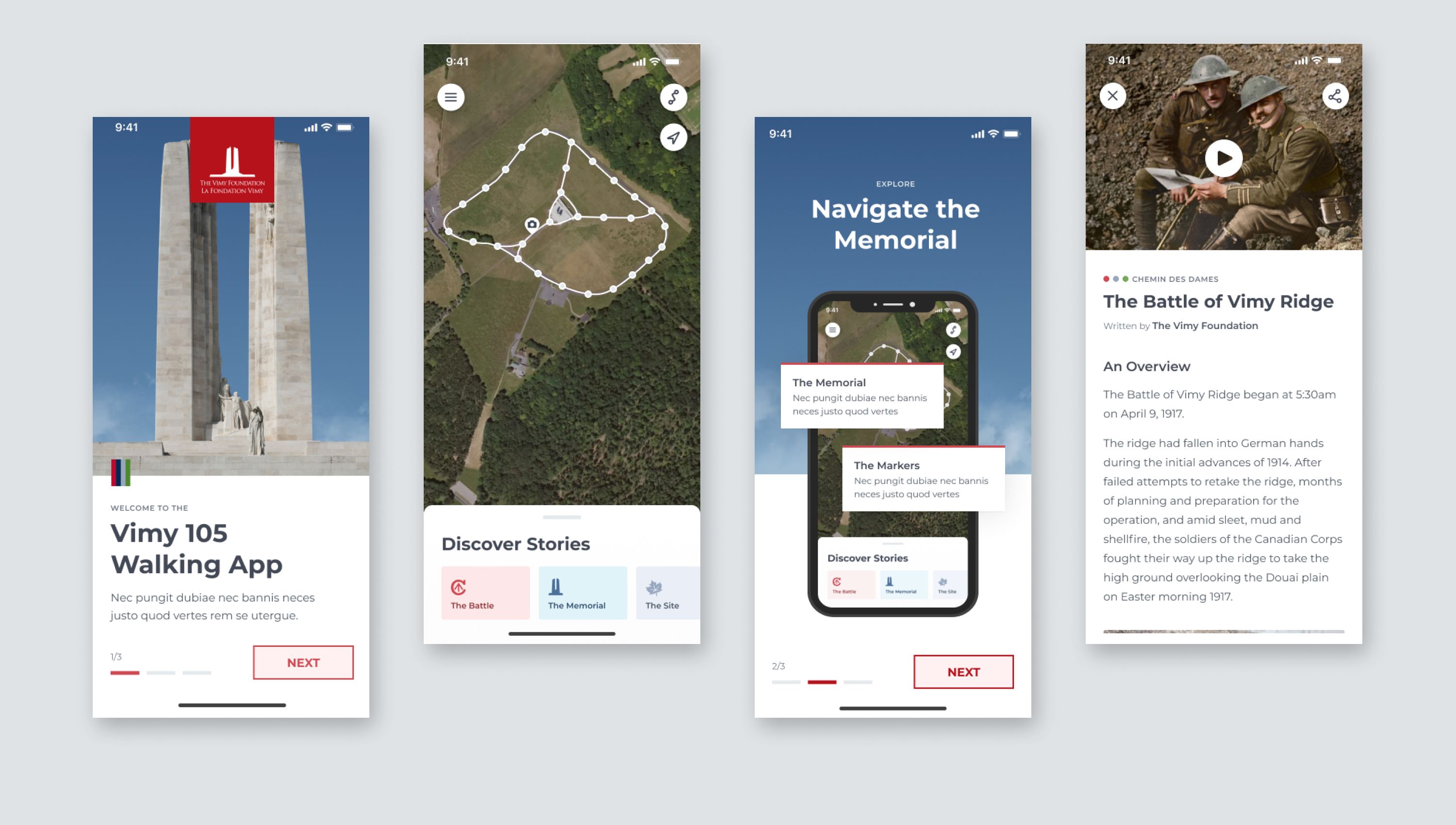 Vimy walking app screens: Vimy 105, Discover Stories, Navigate the Memorial and The Battle of Vimy Ridge