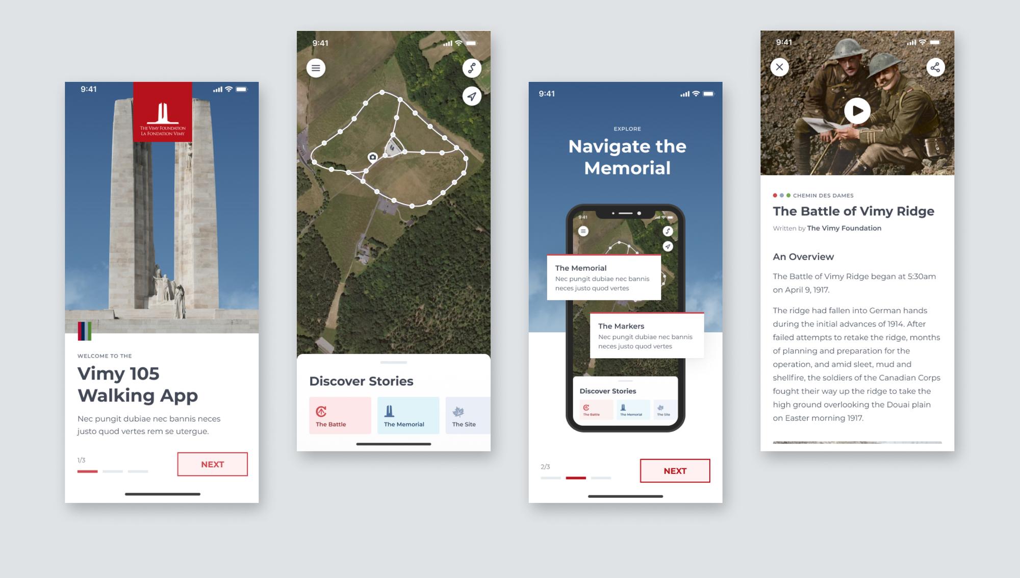 Vimy walking app screens: Vimy 105, Discover Stories, Navigate the Memorial and The Battle of Vimy Ridge